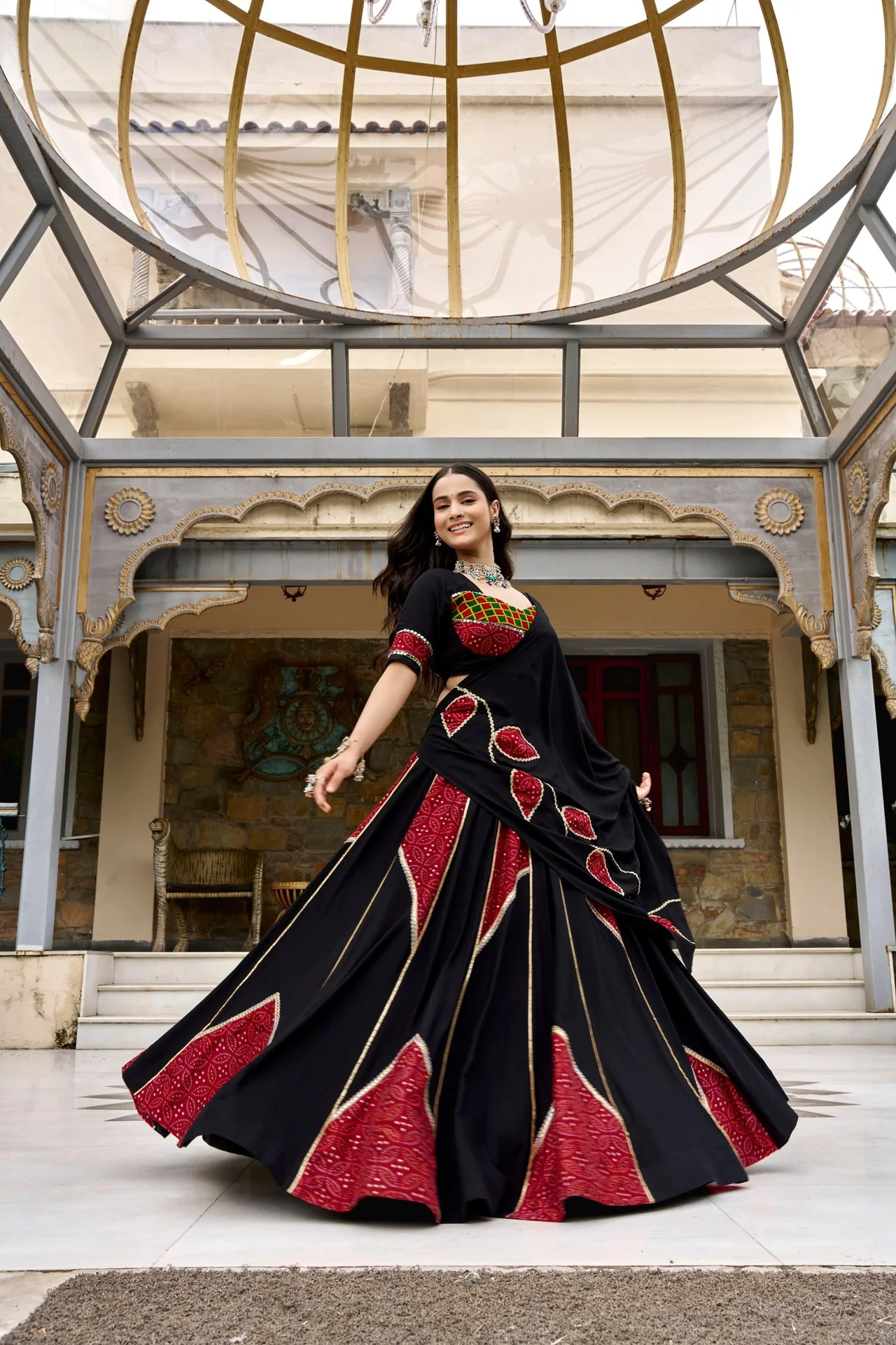 Women Ajrakh Printed Rayon Lehenga Choli with Dupatta in Black