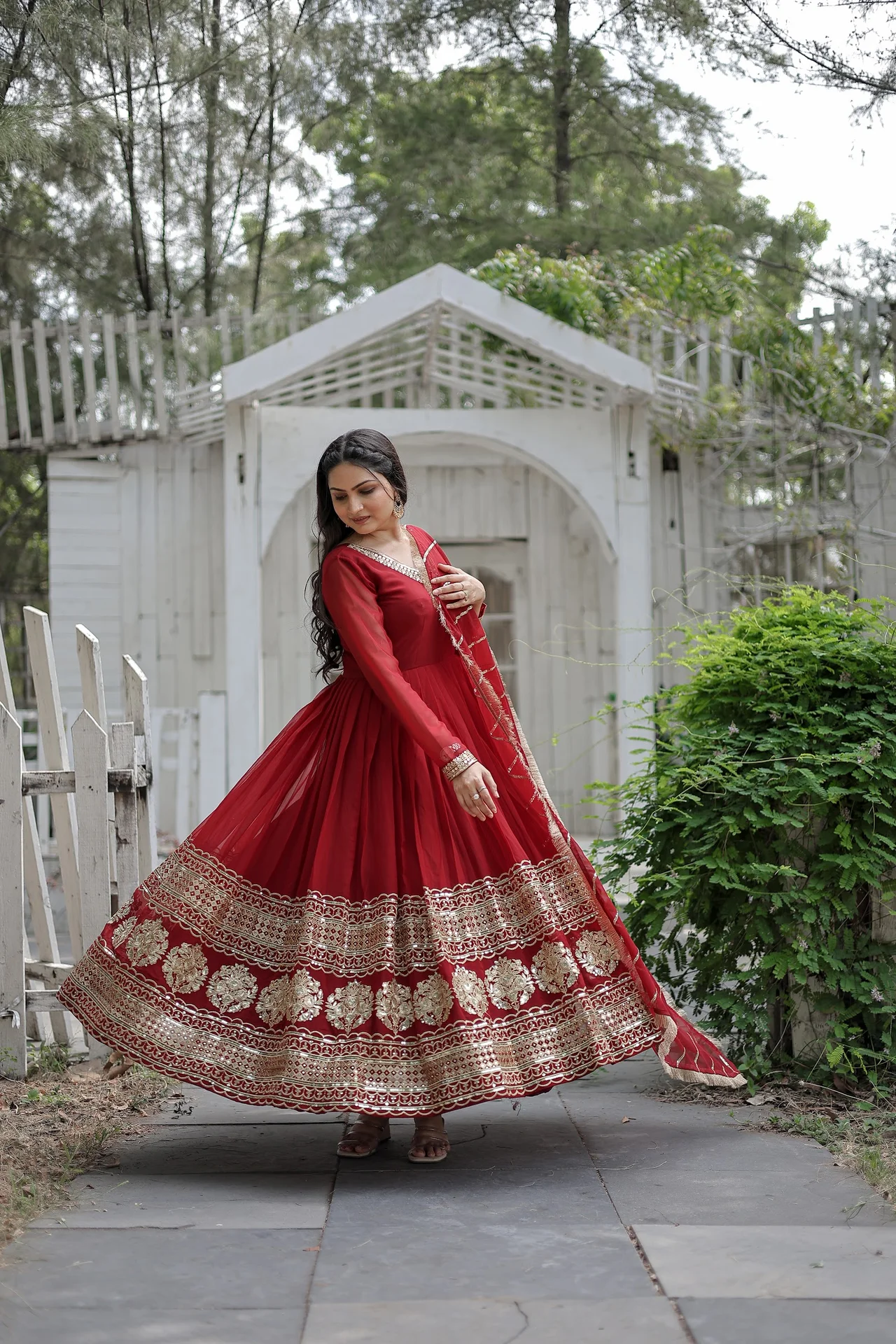 Women's Sequins Embroidered Faux Blooming Gown with Dupatta | Multi Sequins Work | 3.5 Meter Flair | Festive Wear