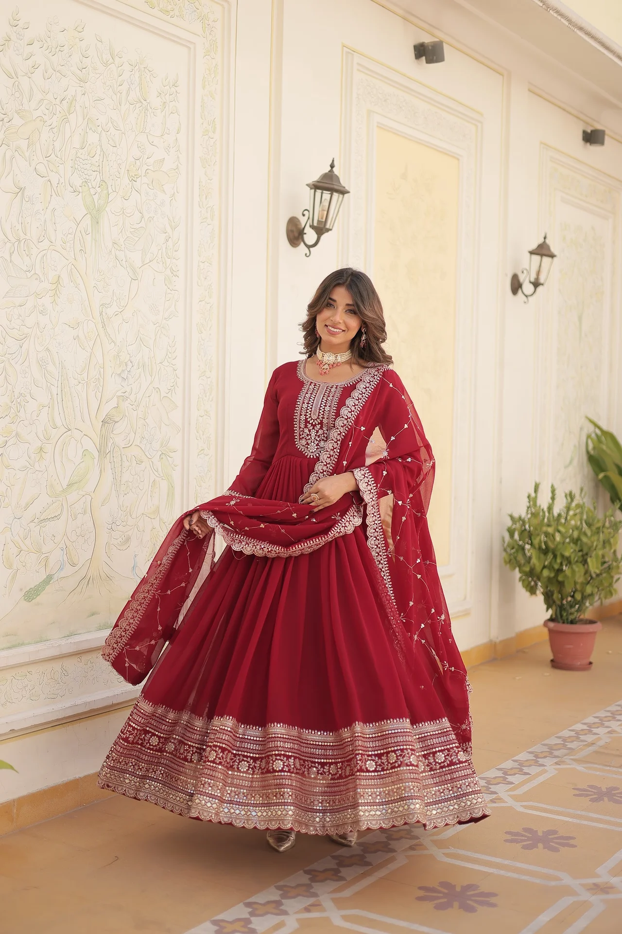 Women's Rich Sequins Embroidered Faux Blooming Gown with Dupatta in Maroon