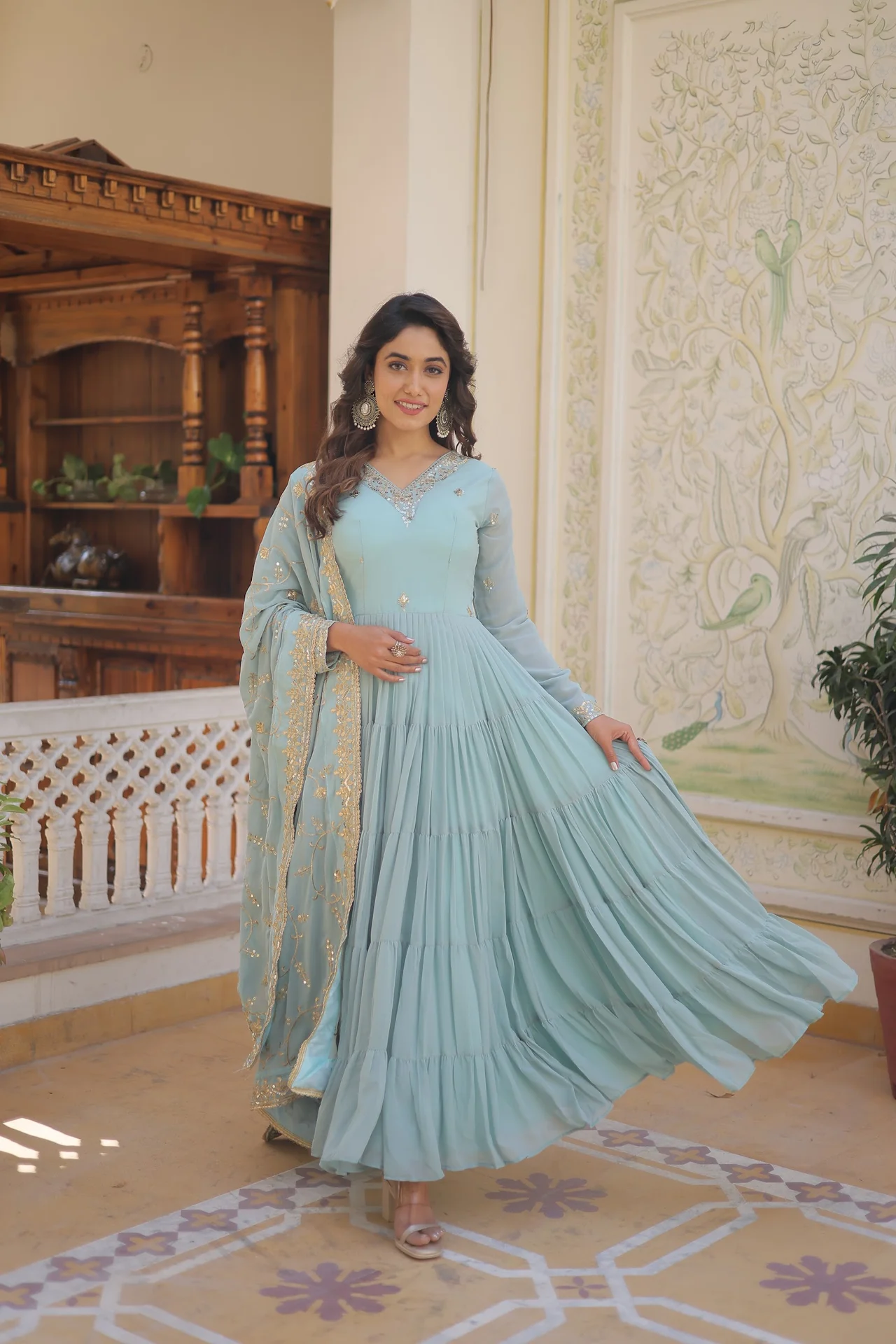 Women's Embroidered Faux Georgette Gown with Dupatta in Sky Blue