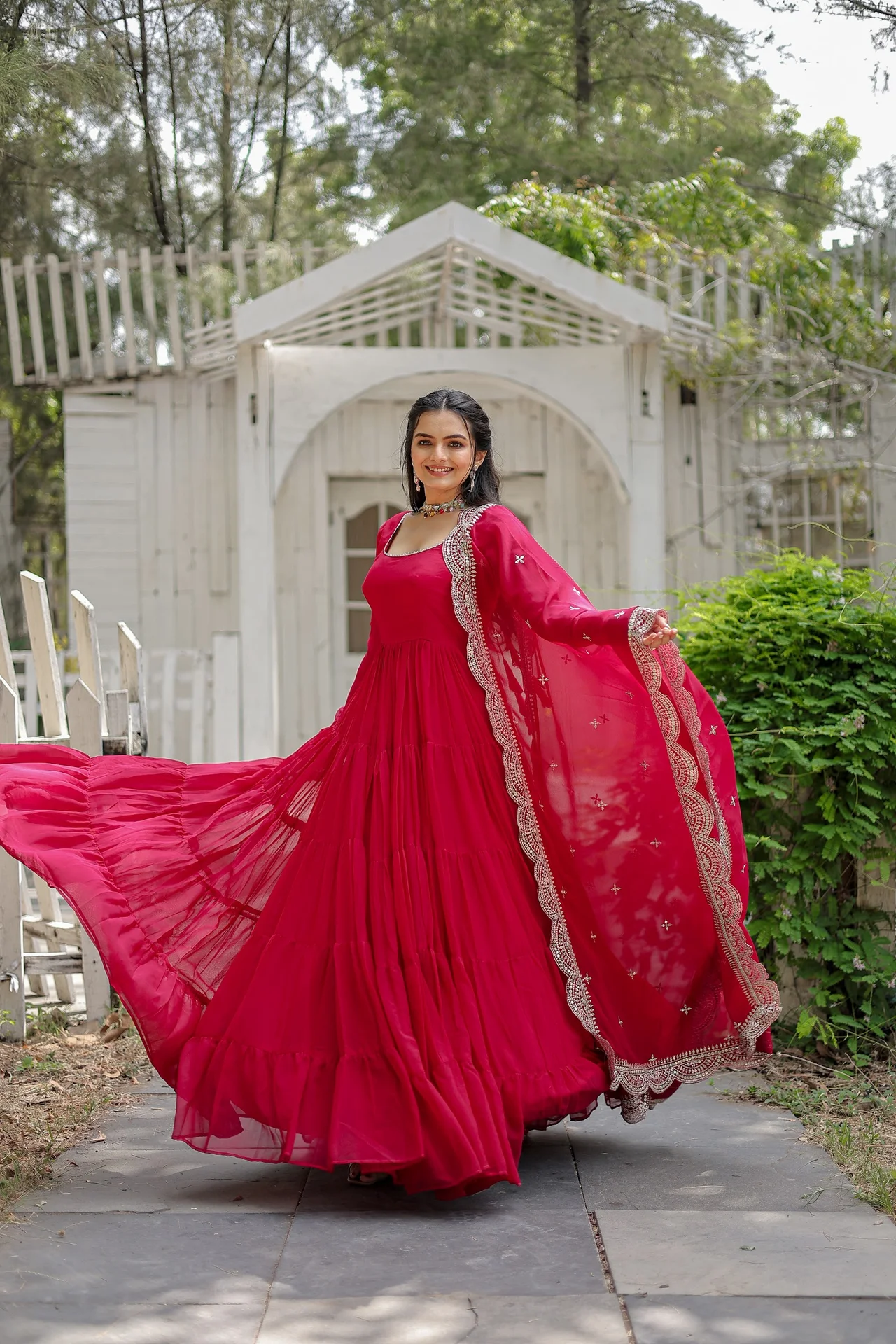 Women's Faux Blooming Gown with Dupatta in Rani Pink
