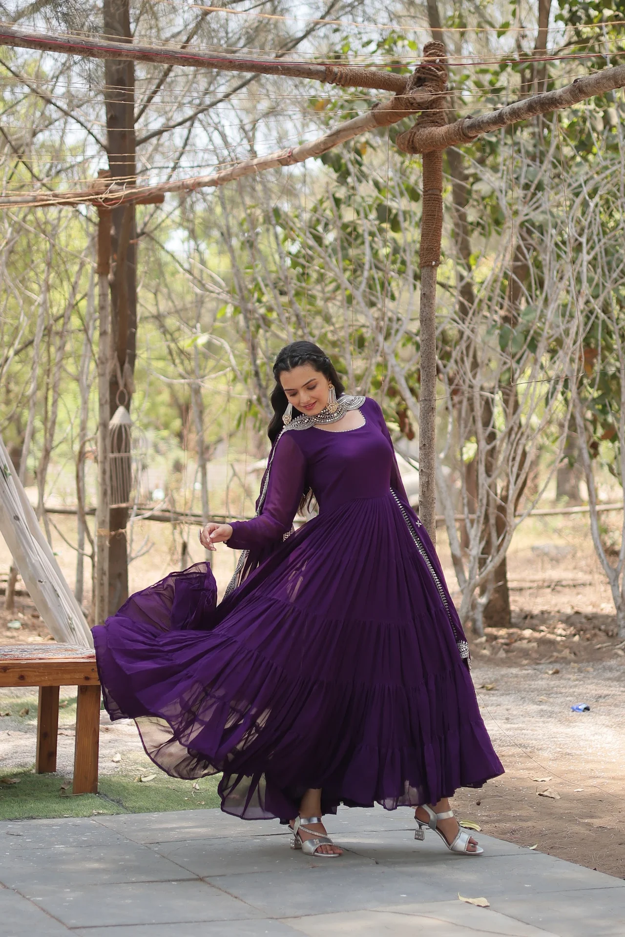Women's Faux Georgette Gown with Dupatta in Purple