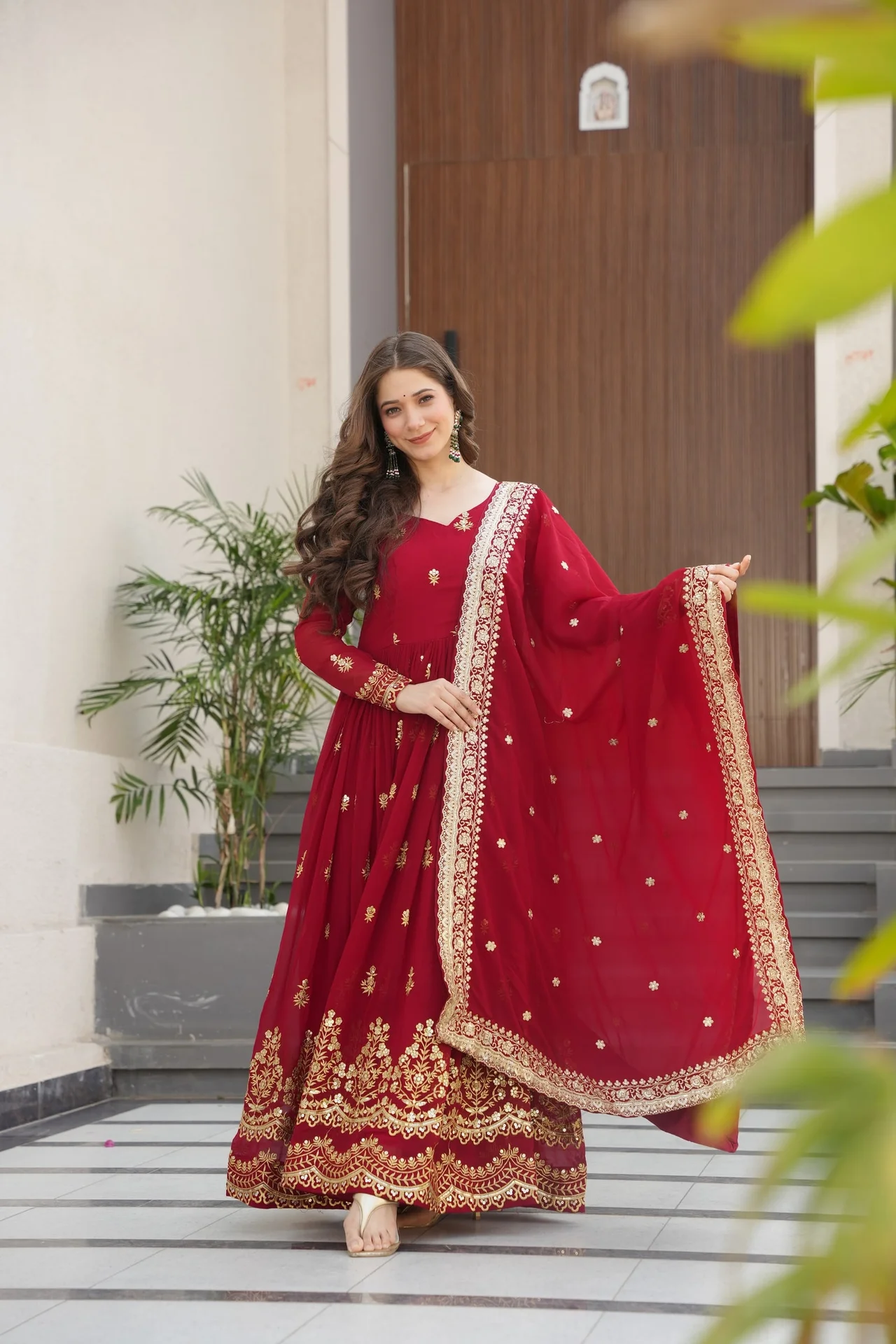 Women's Zari and Sequins Embroidered Faux Blooming Gown with Dupatta in Maroon