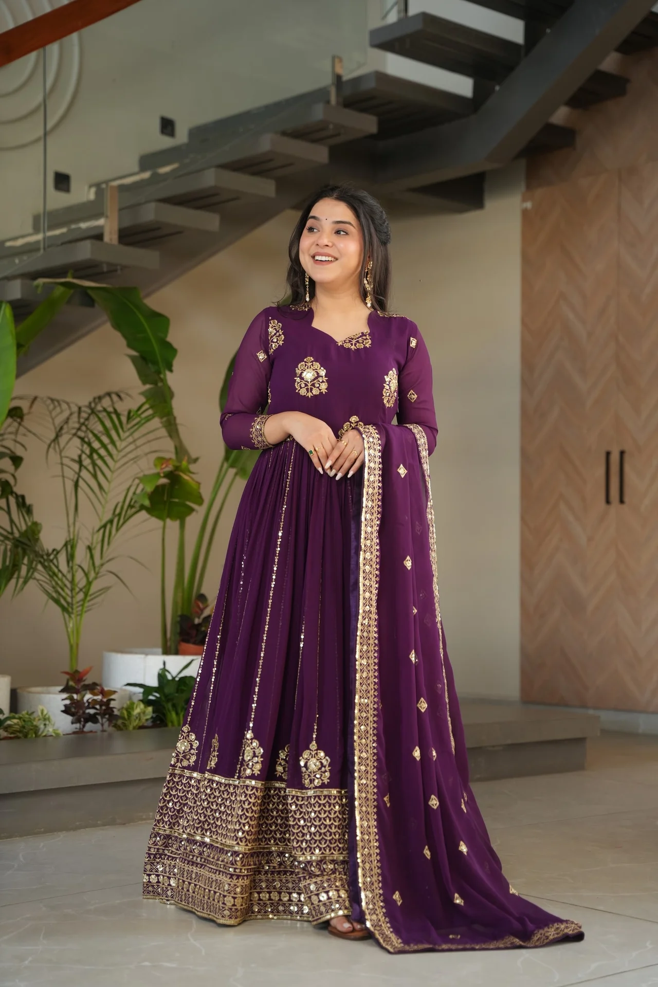 Women's Zari and Sequins Embroidered Faux Blooming Gown with Dupatta in Purple