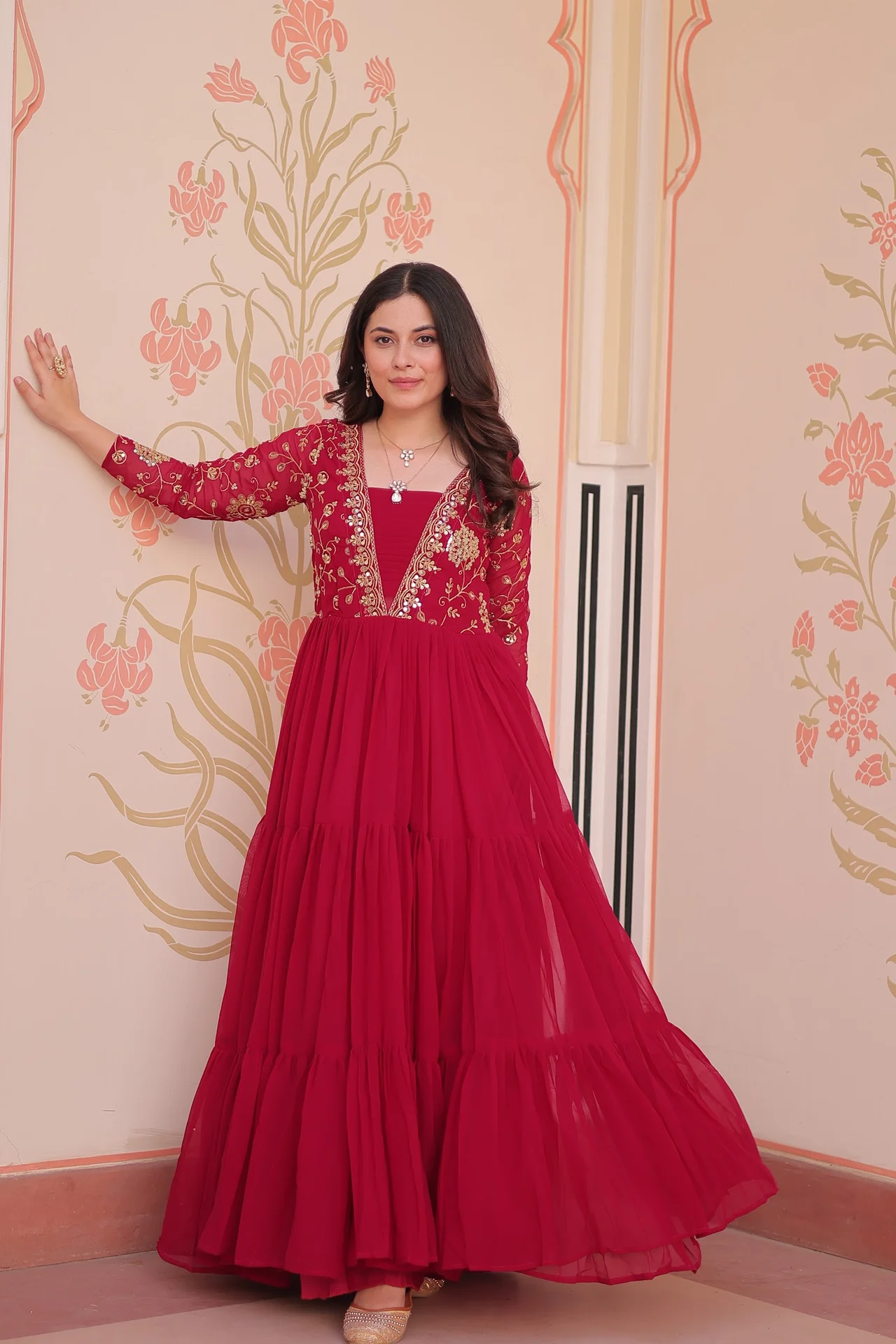Women's Sequins and Zari Embroidered Faux Blooming Gown Only | Three Layer Stitching | 12 Meter Flair | Festive Wear