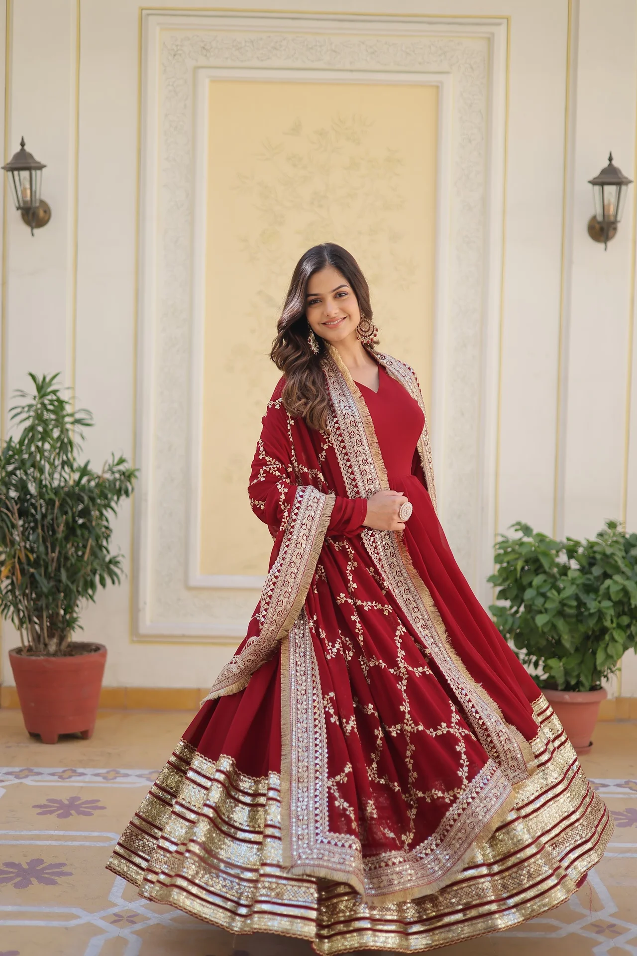 Women's Zari and Sequins Embroidered Faux Blooming Gown with Dupatta in Maroon