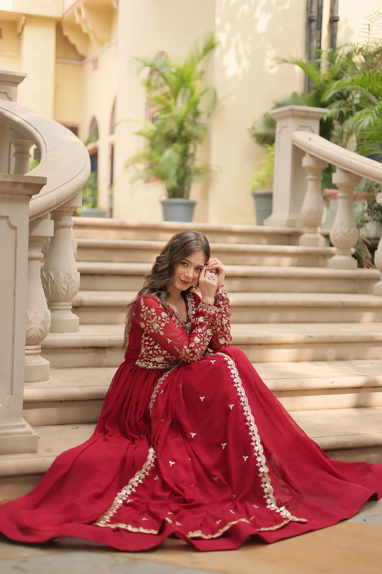 Women's Sequins and Zari Embroidered Faux Blooming Gown with Dupatta in Maroon