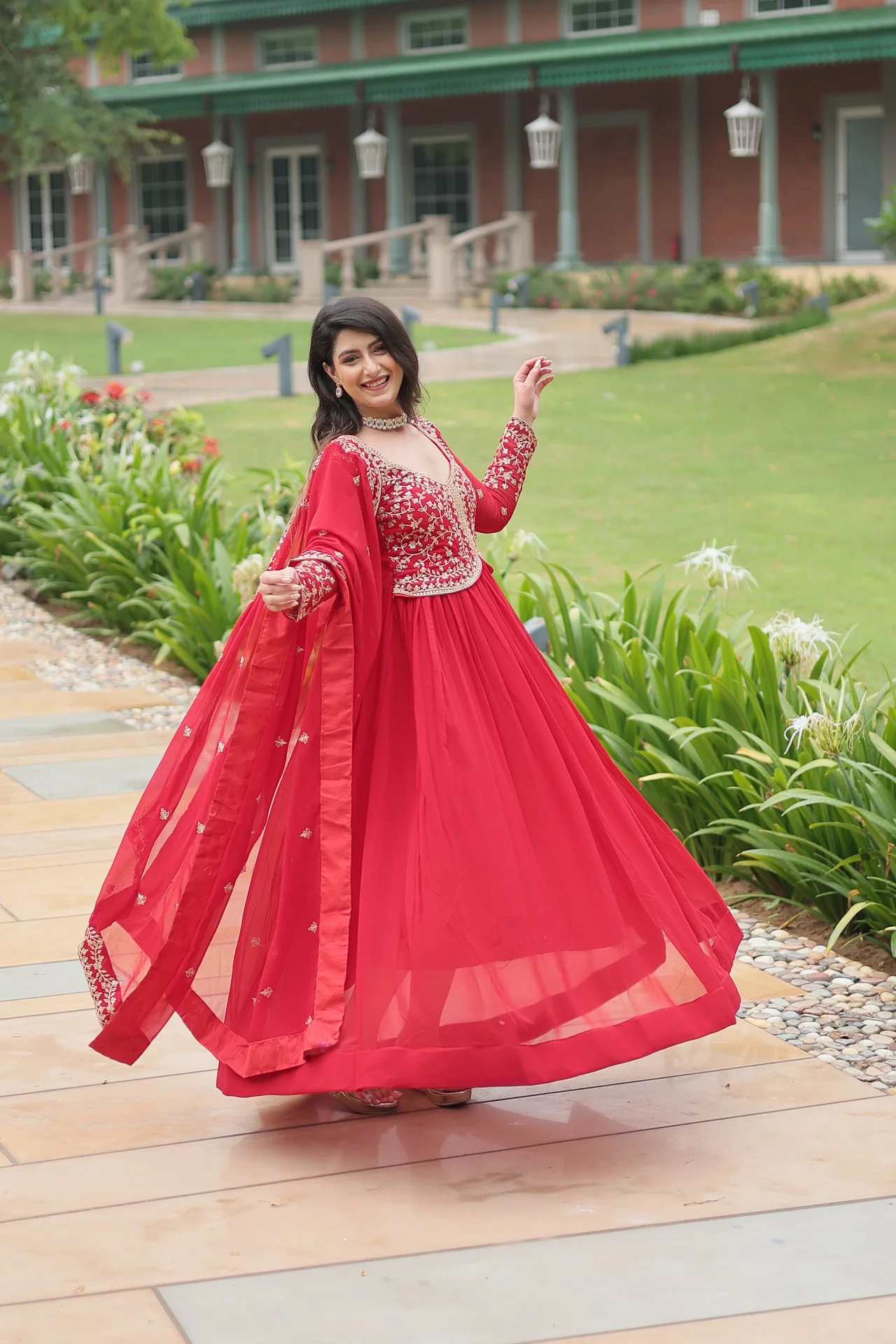 Women's Multi Sequins and Zari Embroidered Faux Blooming Gown with Lace Border Dupatta