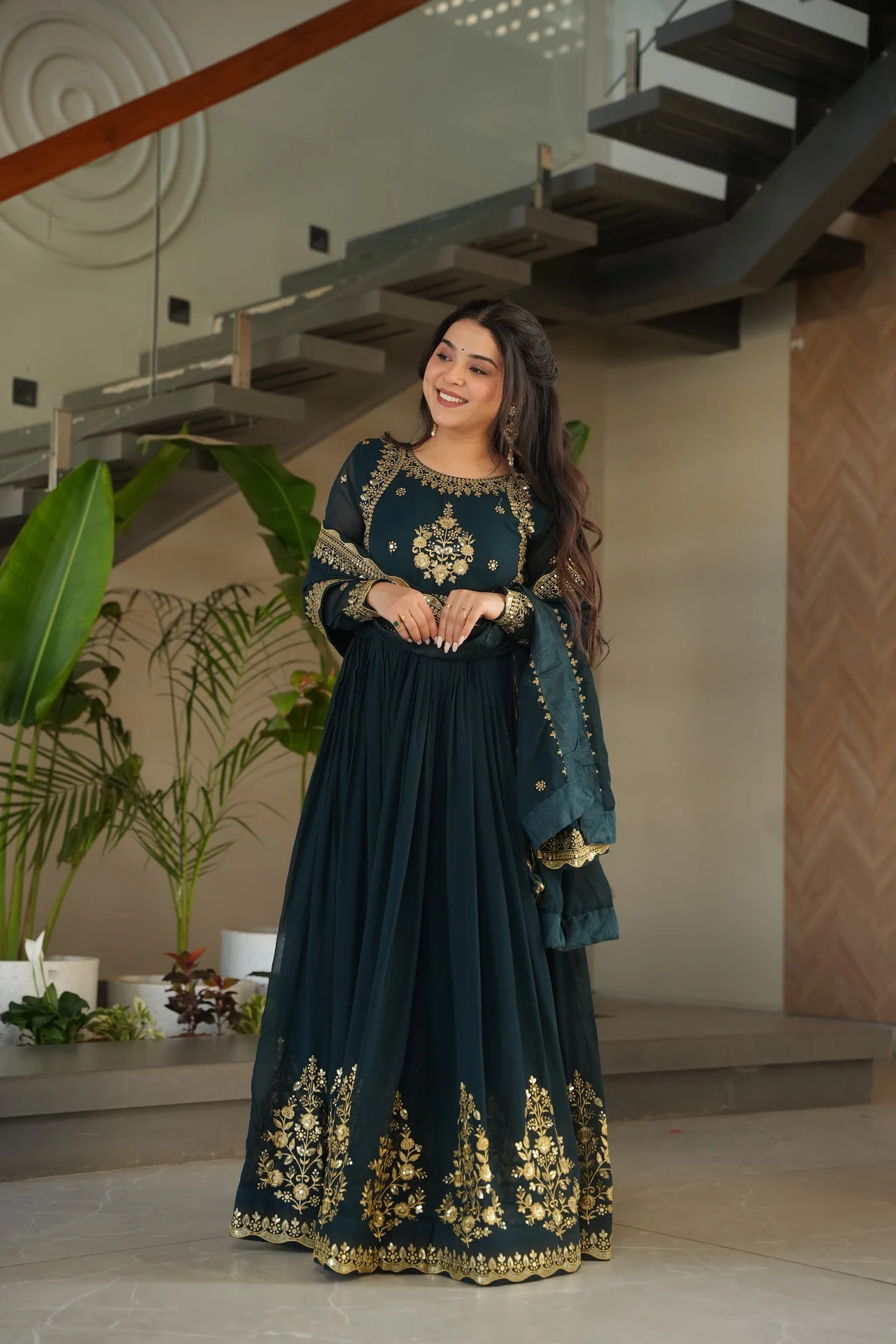 Women's Zari Thread and Sequins Embroidered Faux Blooming Georgette Gown with Dupatta in Bottle Green