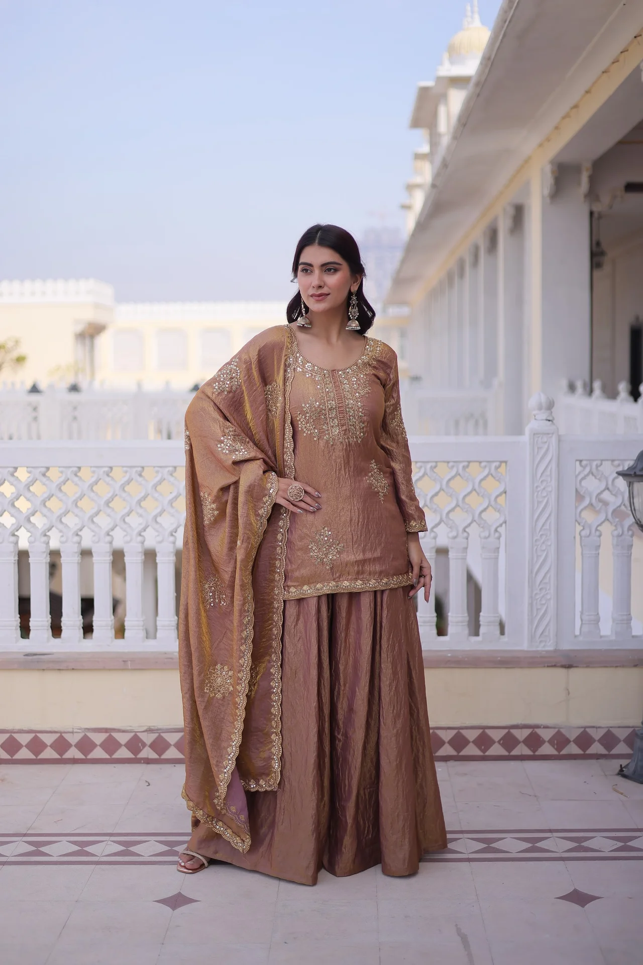 Women's Zari and Sequins Embroidered Fendi Crush Kurti Sharara Set with Dupatta | Cutwork Lace Border | Party Wear
