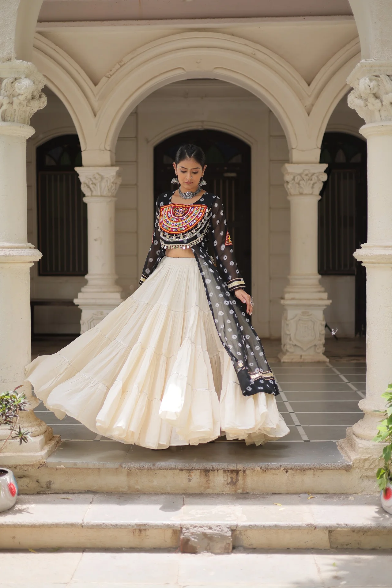 Women's Bandhani Printed Cotton Lehenga Kurti Set in Black