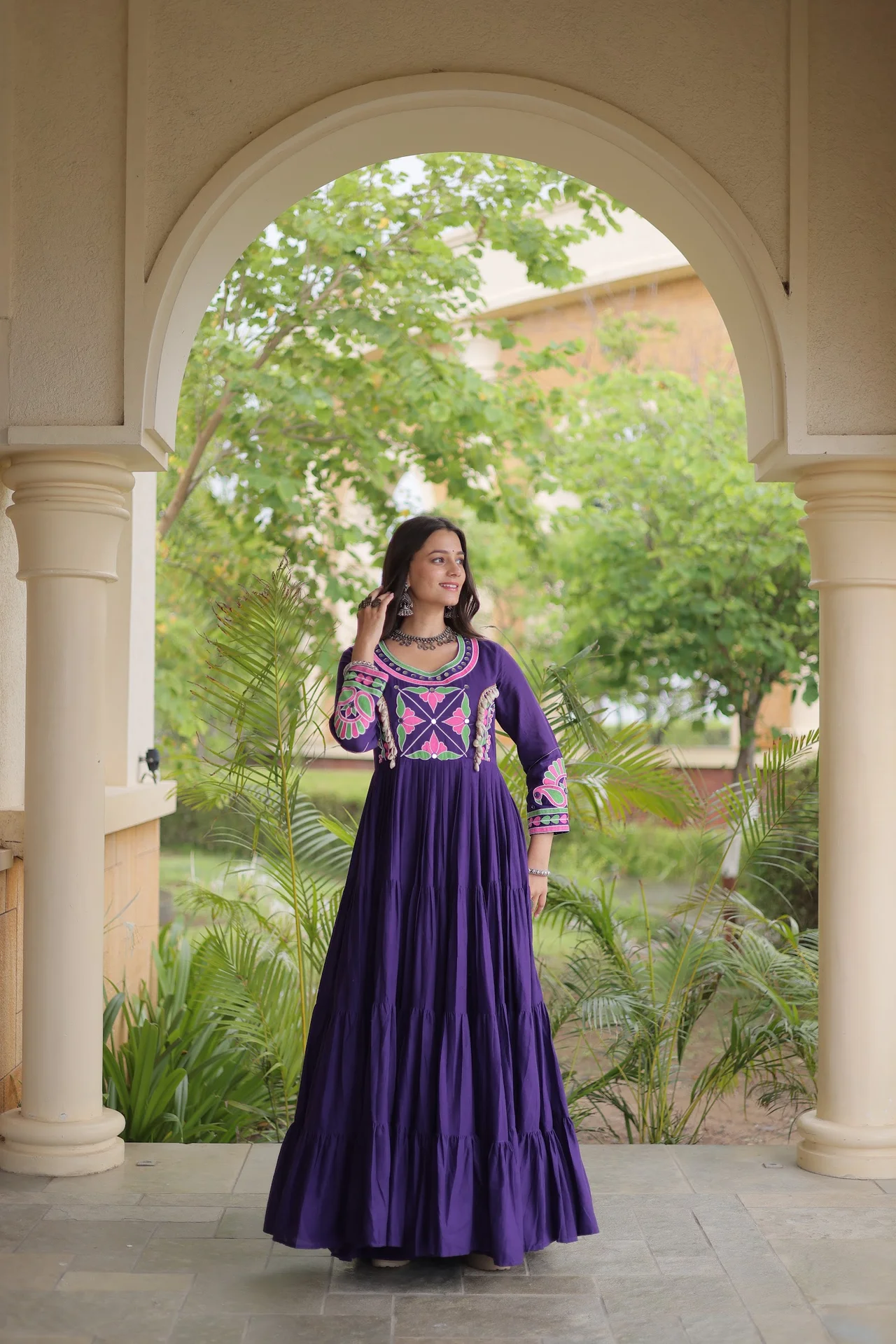 Women's Kora Cotton Gown with Full Sleeves | Multi Thread Embroidered, Mirror & Real Codi Work | 12 Meter Flair | Festive Wear
