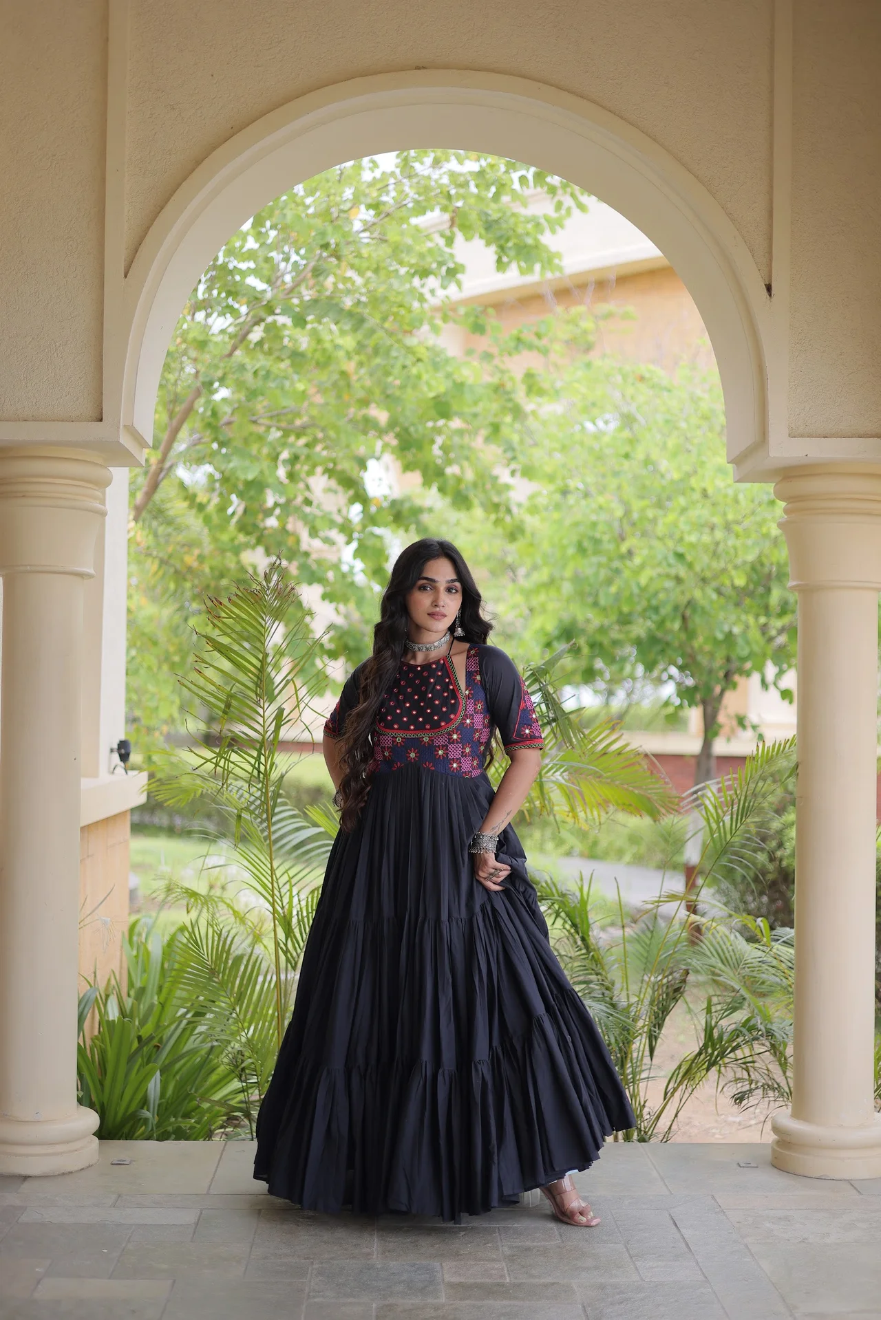 Women's Kora Cotton Gown with Mirror Work in Black