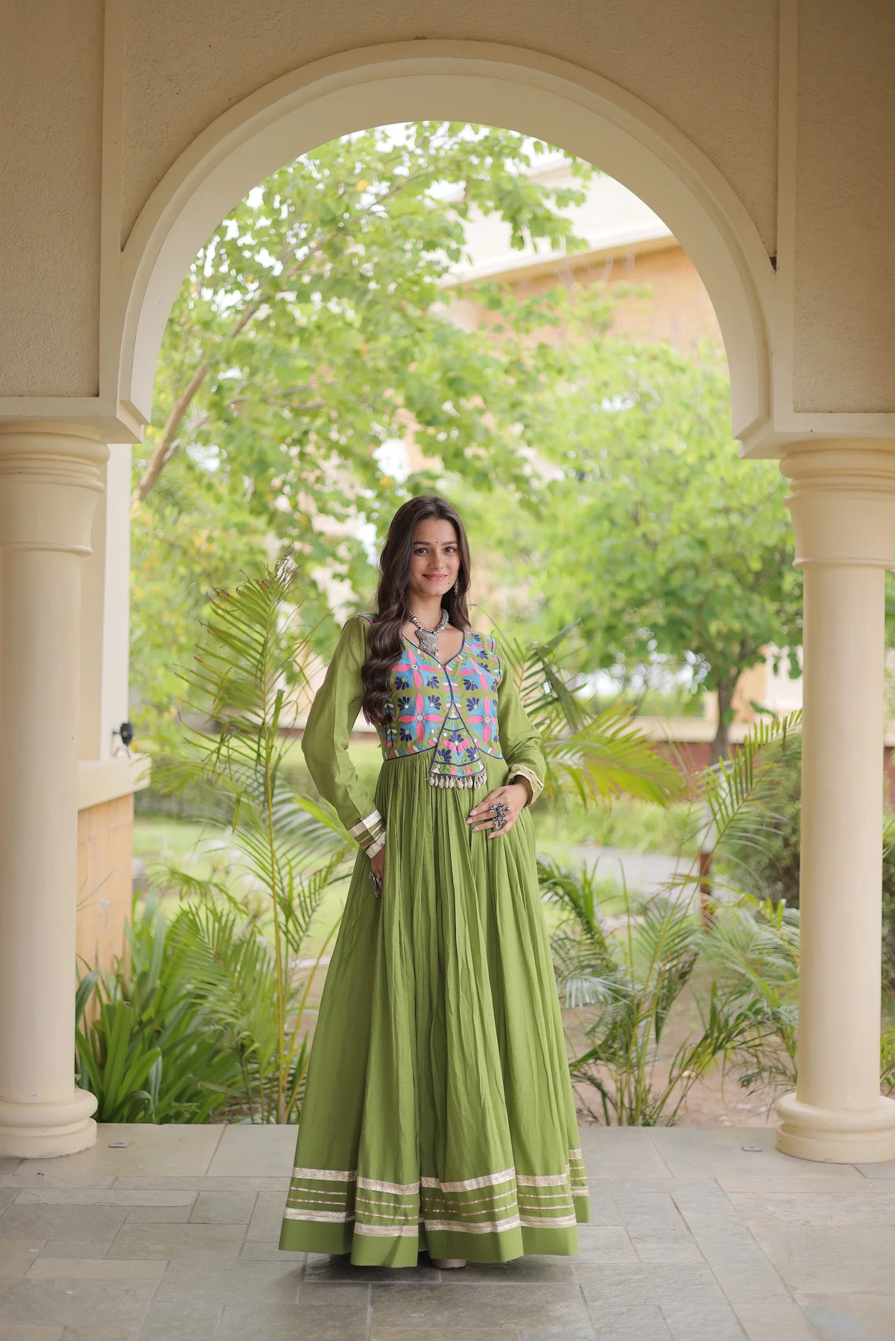 Women's Cotton Gown with Multi Thread Embroidery in Parrot Green