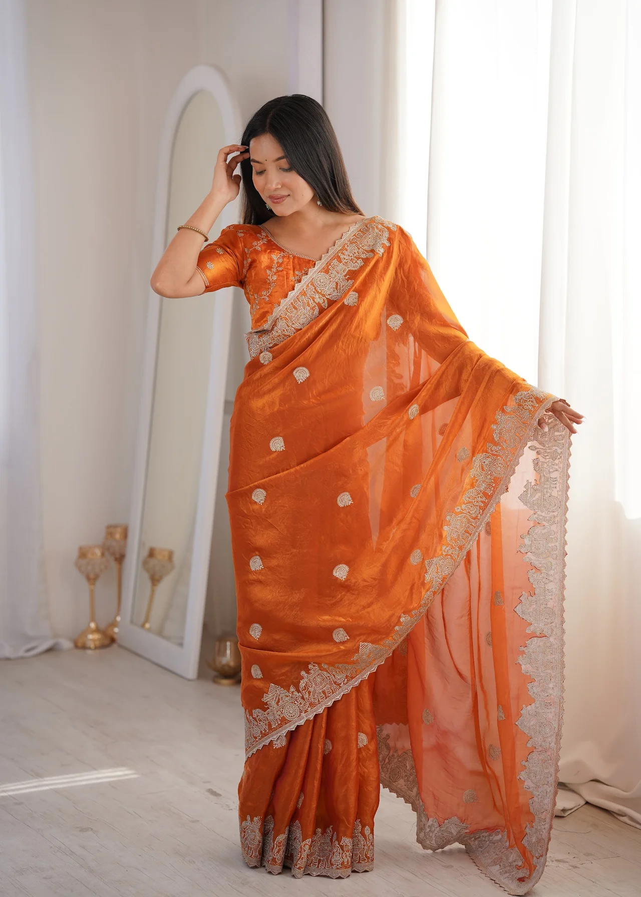 Women's Fendy Crush Saree with Blouse Piece | Zari Embroidered & Hotfix Work | 5.5 Meter Drape | Premium Festive Ethnic Wear
