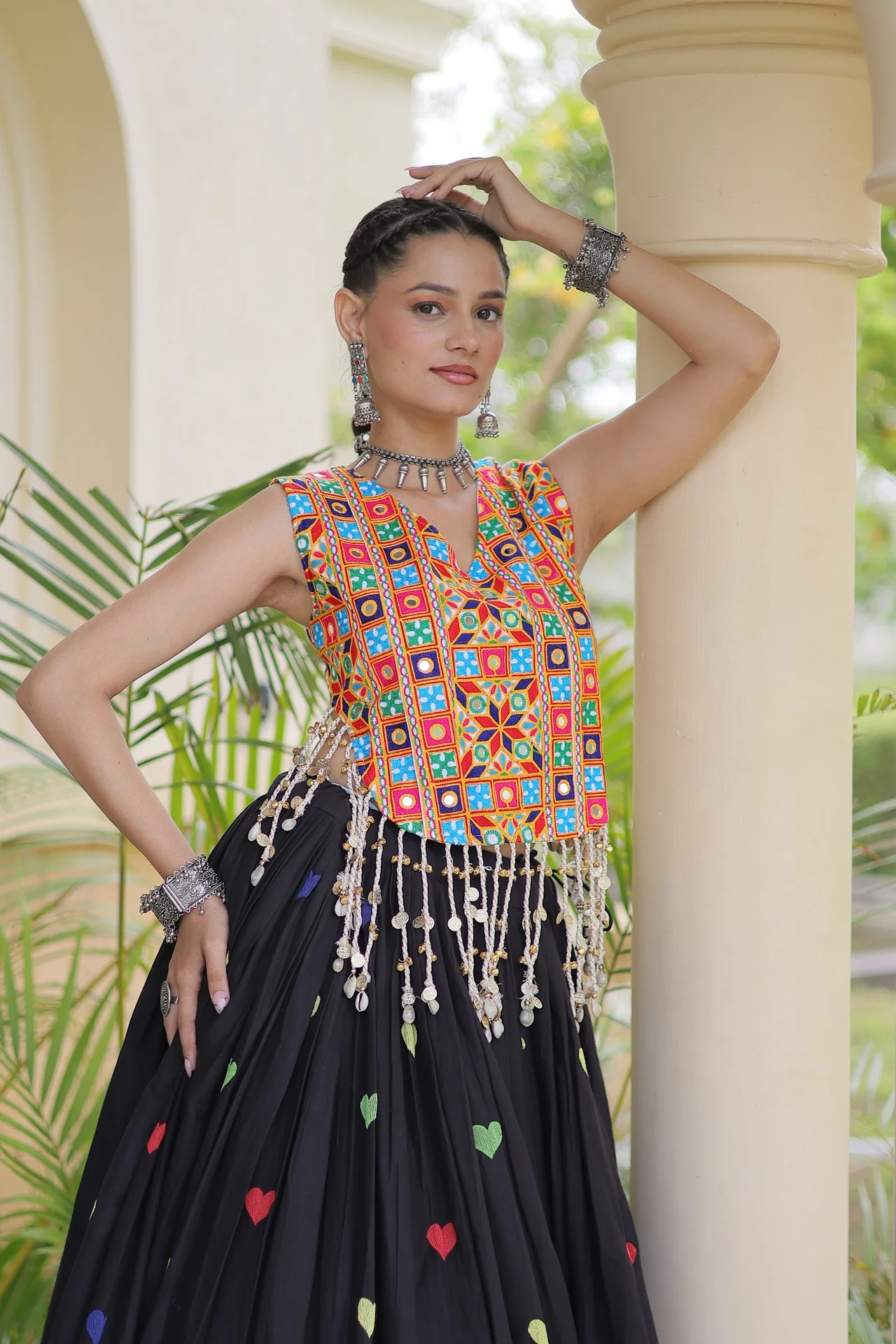 Women's Kora Cotton Lehenga Choli with Gamthi Embroidered Blouse in Black