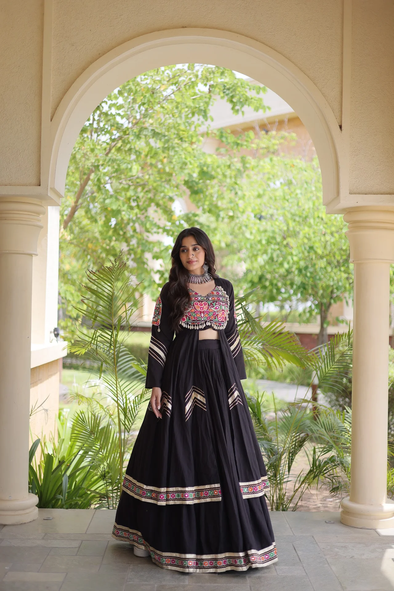 Women's Kora Cotton Lehenga Choli with Long Shrug in Black