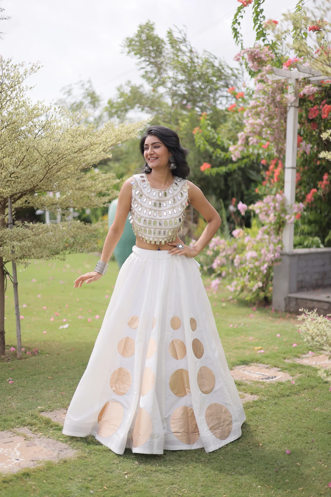 Women's Roman Silk Lehenga Choli with Stitched Blouse in White