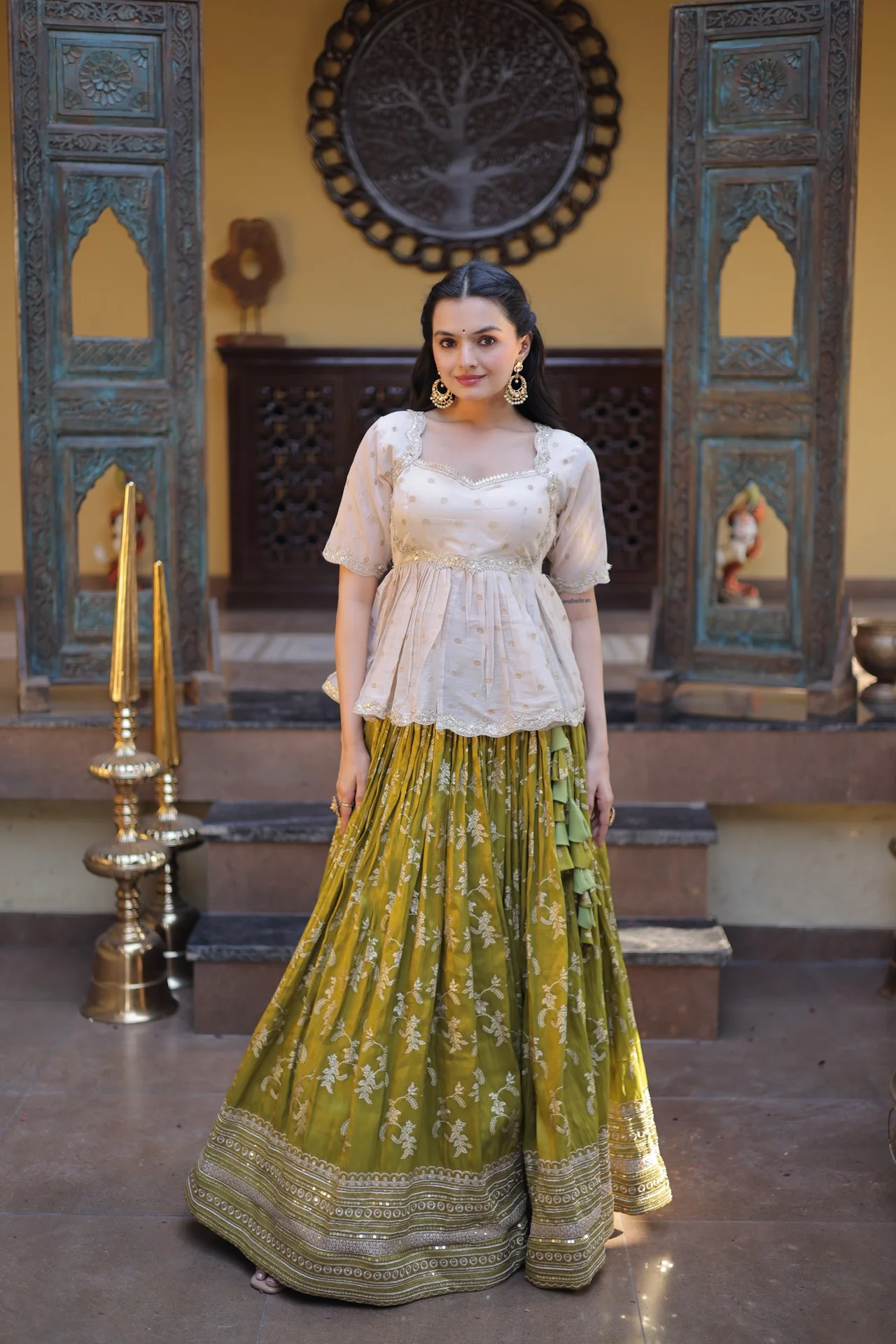 Women's Viscose Jacquard Lehenga Choli with Stitched Blouse in Parrot Green