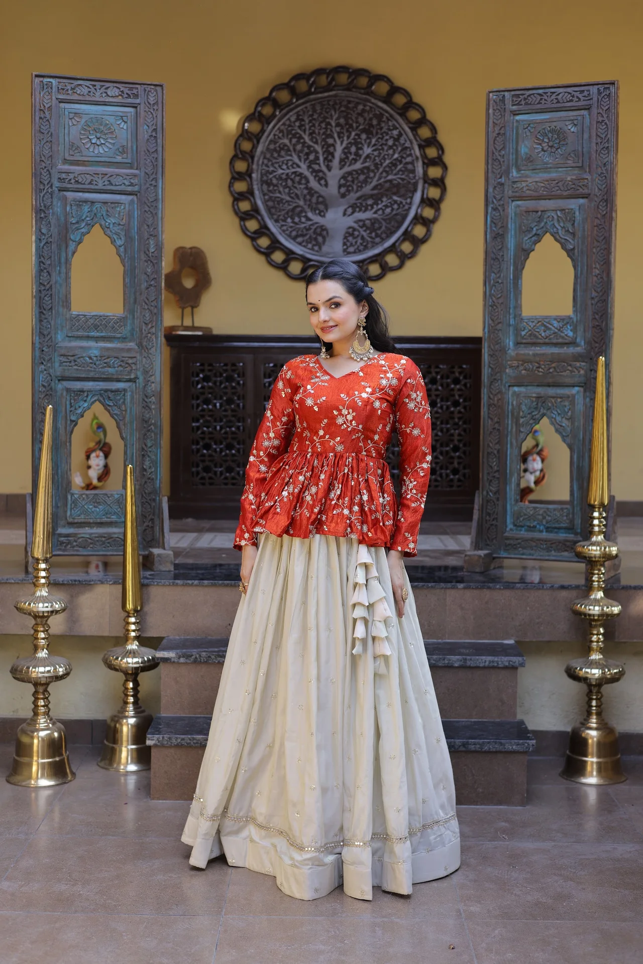 Women's Silk Lehenga Choli with Peplum Top in Orange