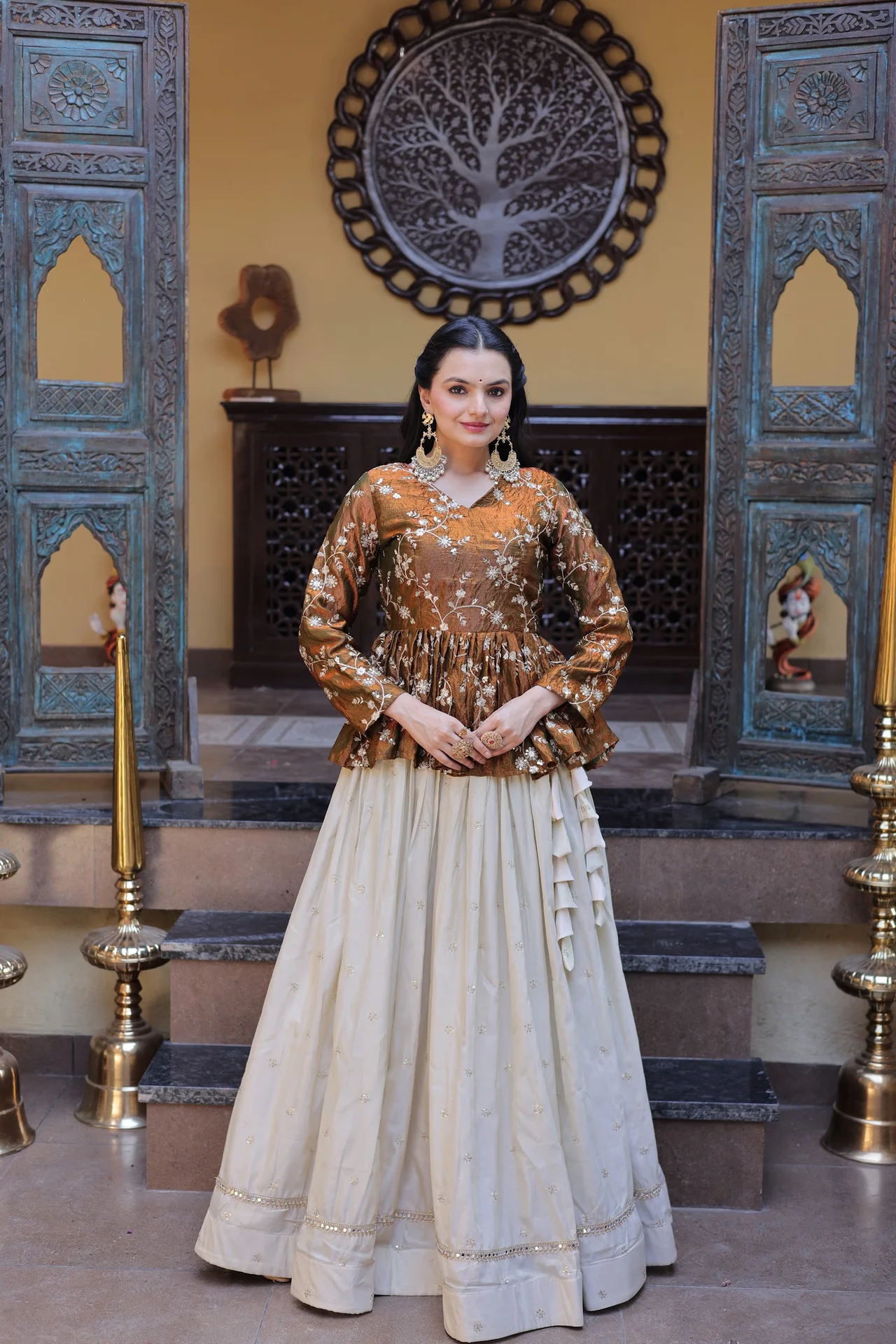 Women's Silk Lehenga Choli with Peplum Top | Sequins Zari Mirror Embroidery | 3.5 Mtr Flair | Festive Party Wear