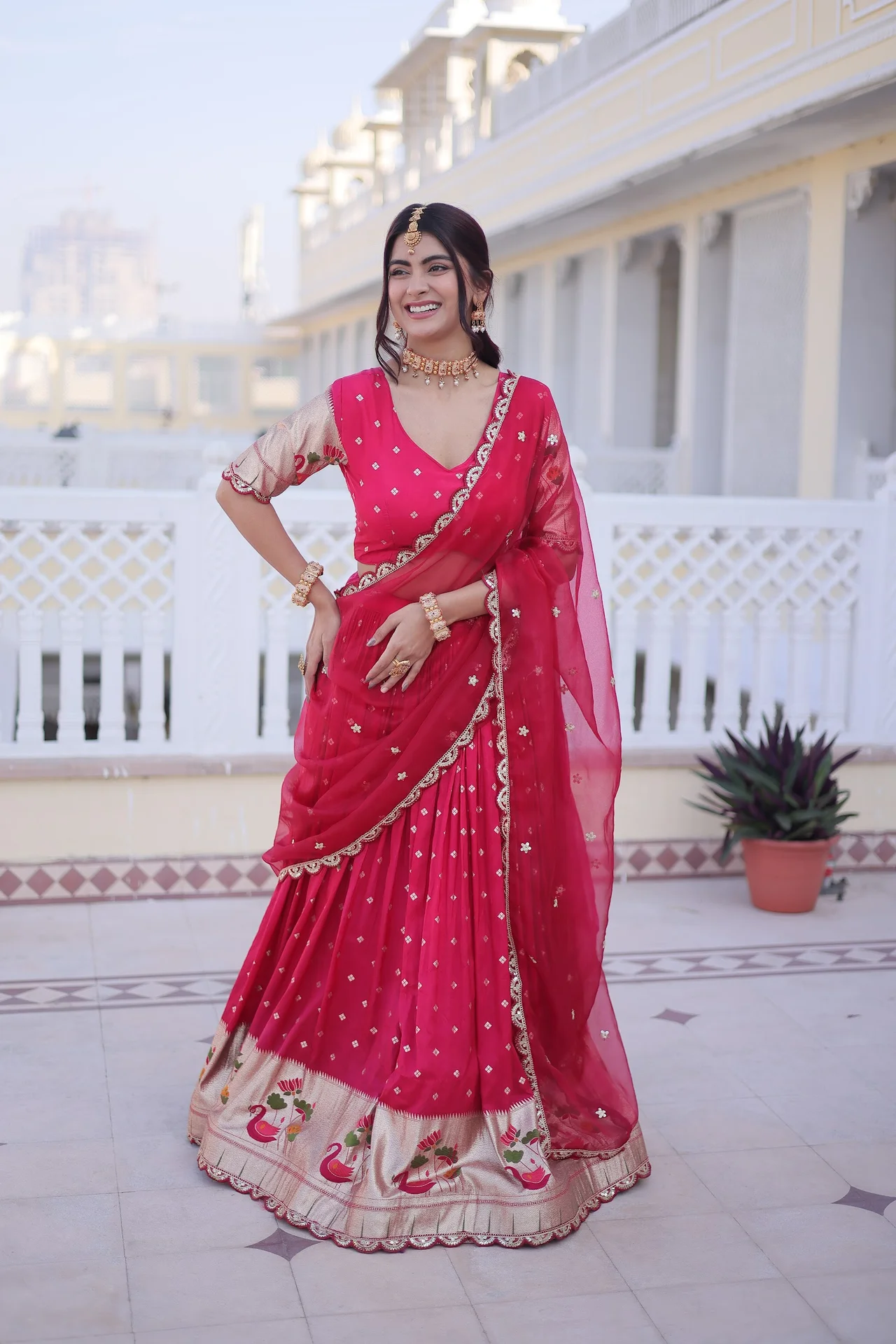 Women's Dola Silk Lehenga Choli with Dupatta in Rani Pink