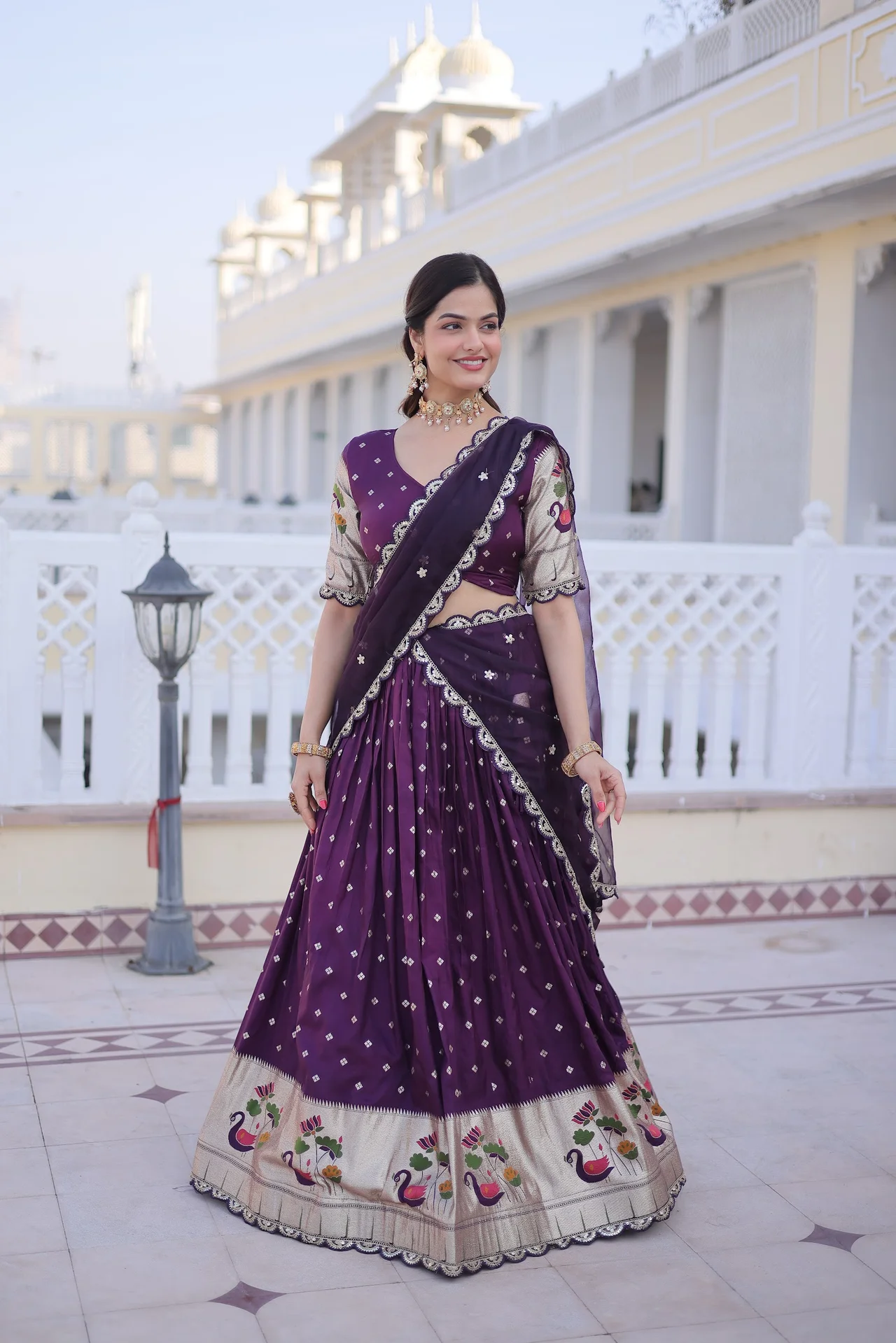 Women's Dola Silk Lehenga Choli with Dupatta | Meena Sequins Embroidered Lace Work | 3 Mtr Flair | Festive Wedding Wear