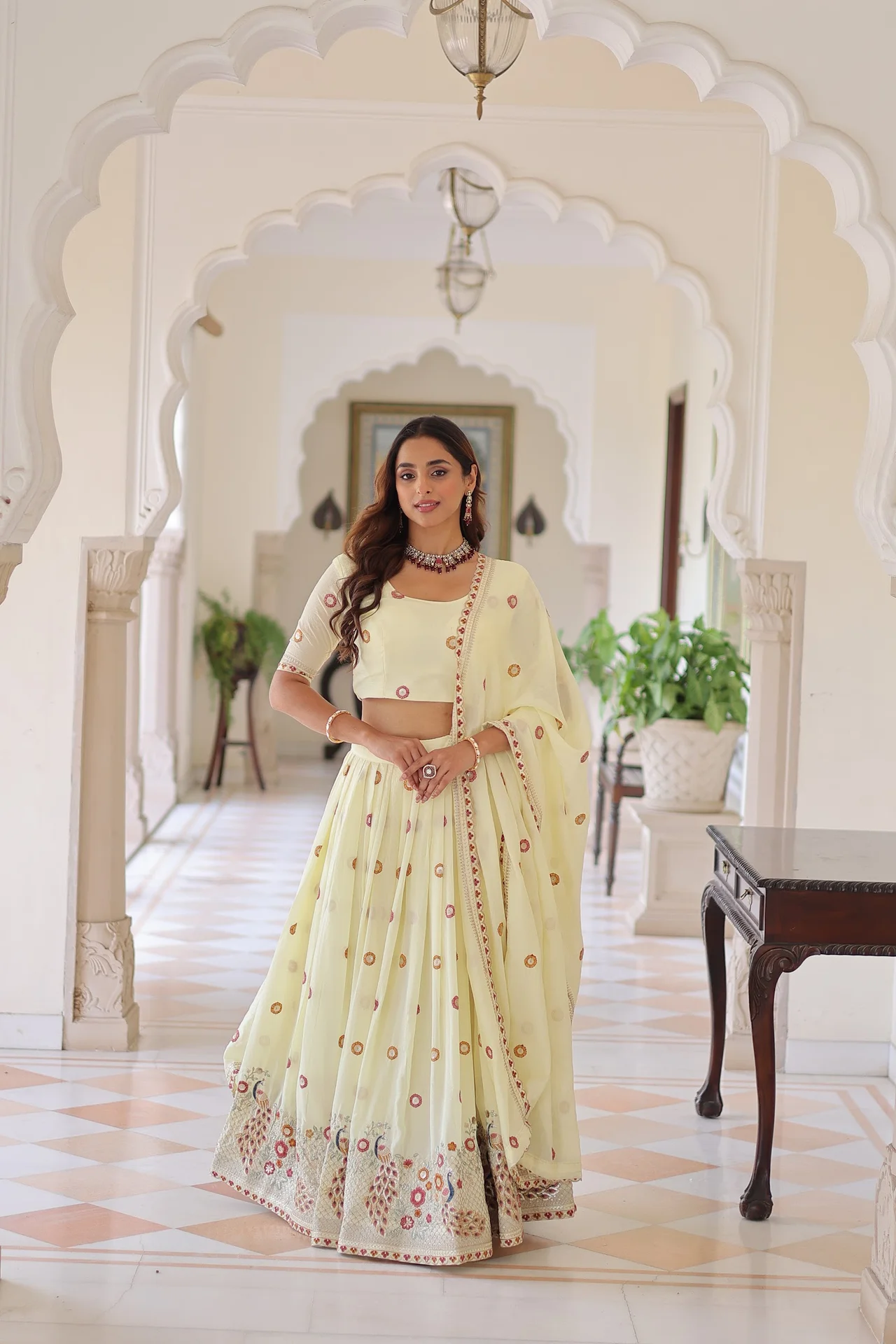 Women's Vichitra Silk Lehenga Choli with Dupatta in Cream