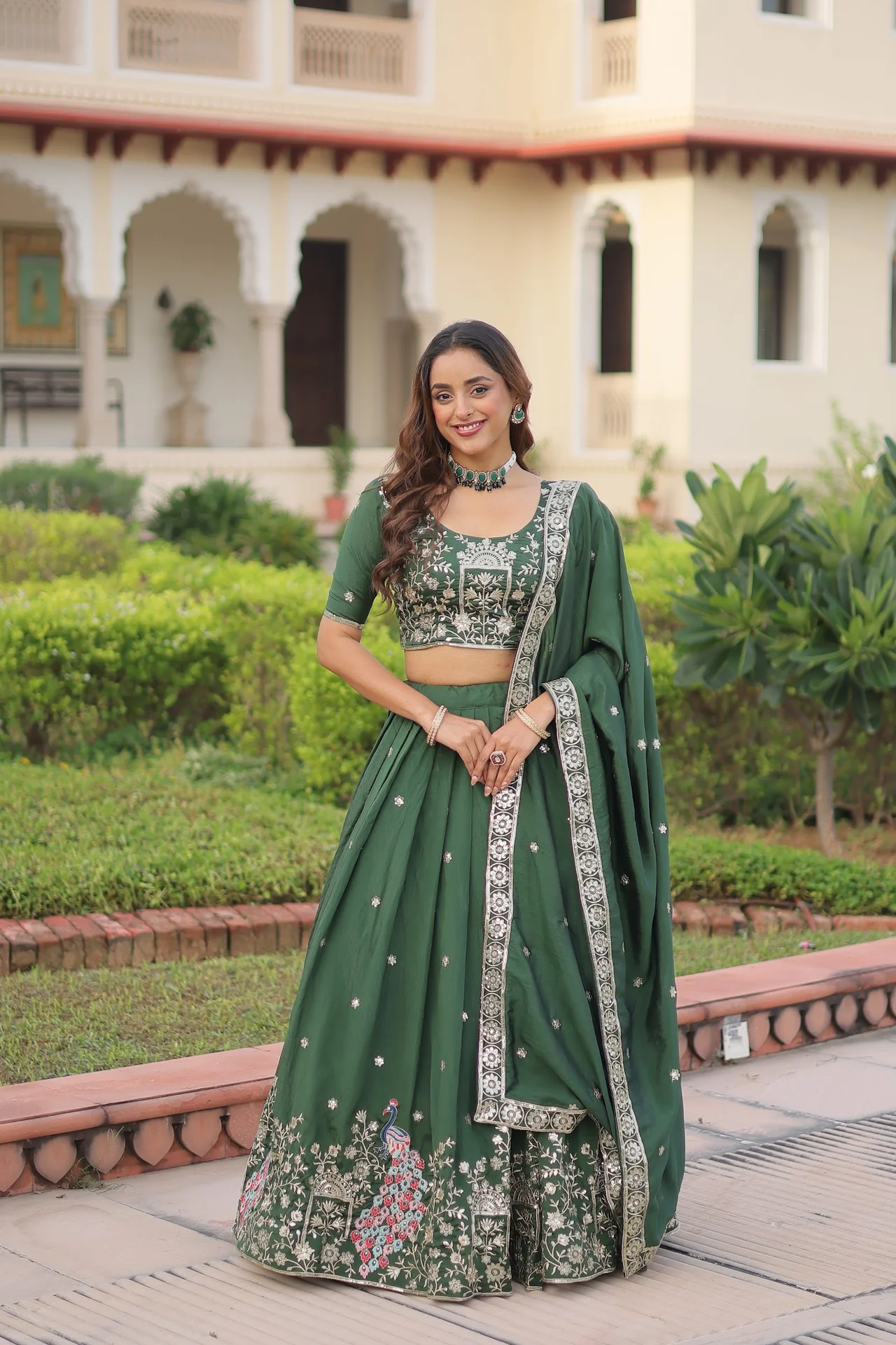 Women's Vichitra Silk Lehenga Choli with Dupatta in Bottle Green