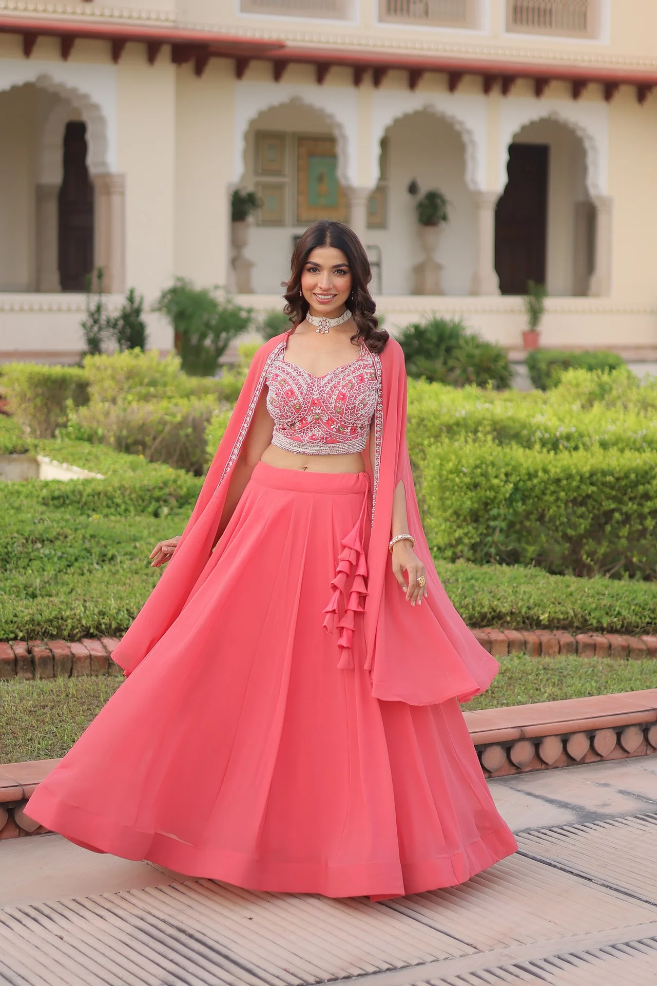 Women's Faux Georgette Lehenga Choli with Embroidered Shrug | Beads and Thread Work | 4 Mtr Flair | Festive and Party Wear