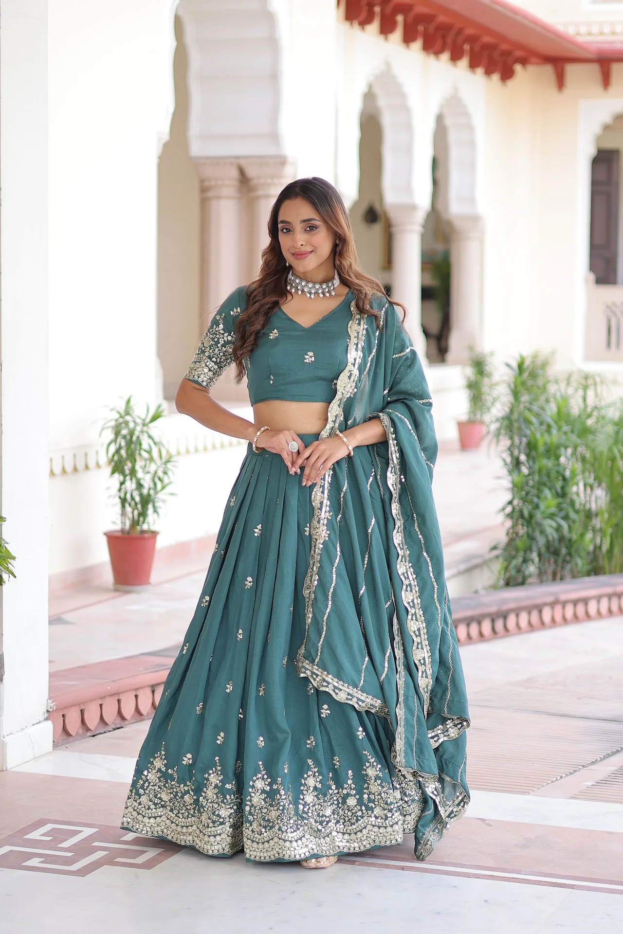 Women's Vichitra Silk Lehenga Choli with Dupatta in Teal