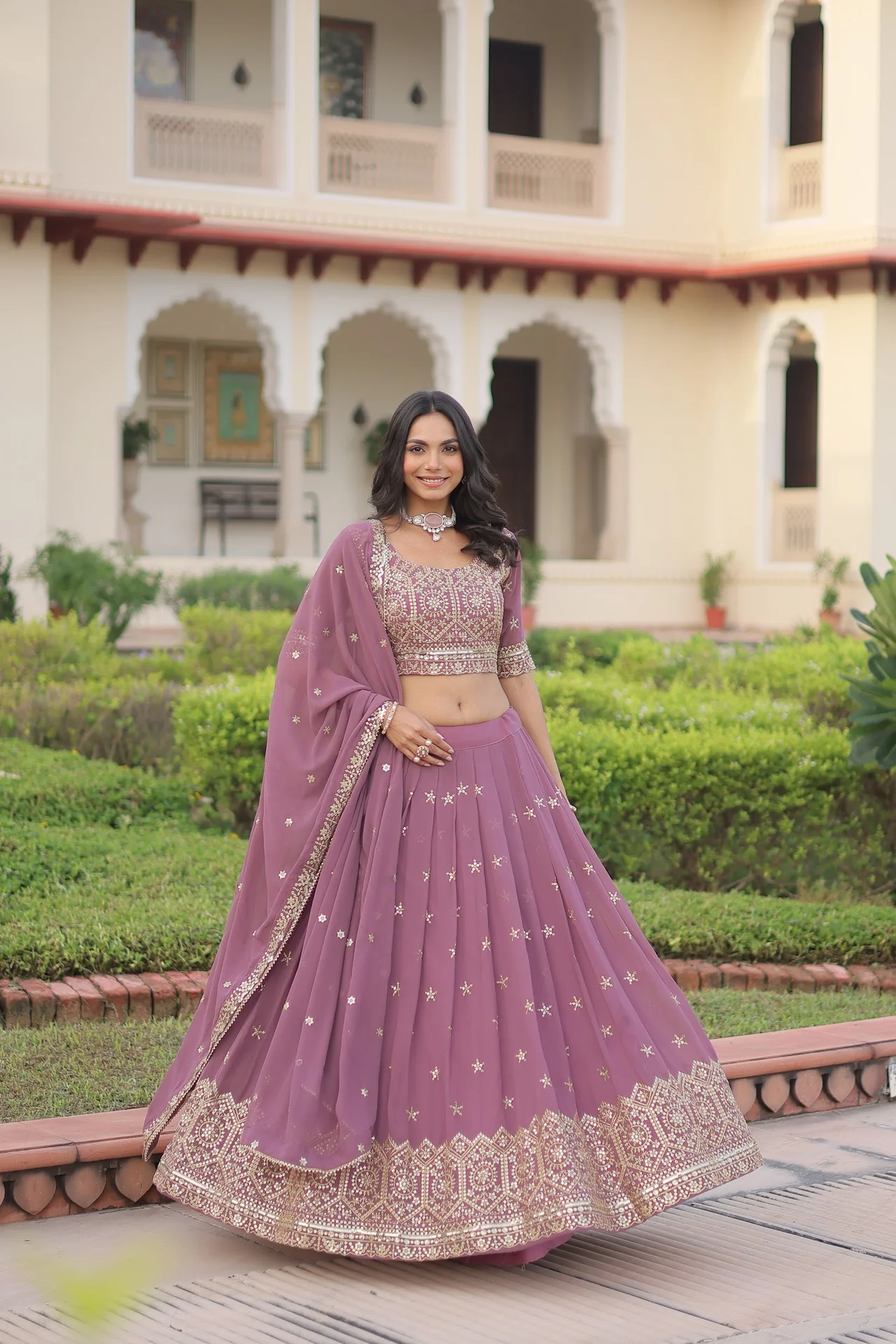 Women's Faux Georgette Lehenga Choli with Dupatta in Onion Pink
