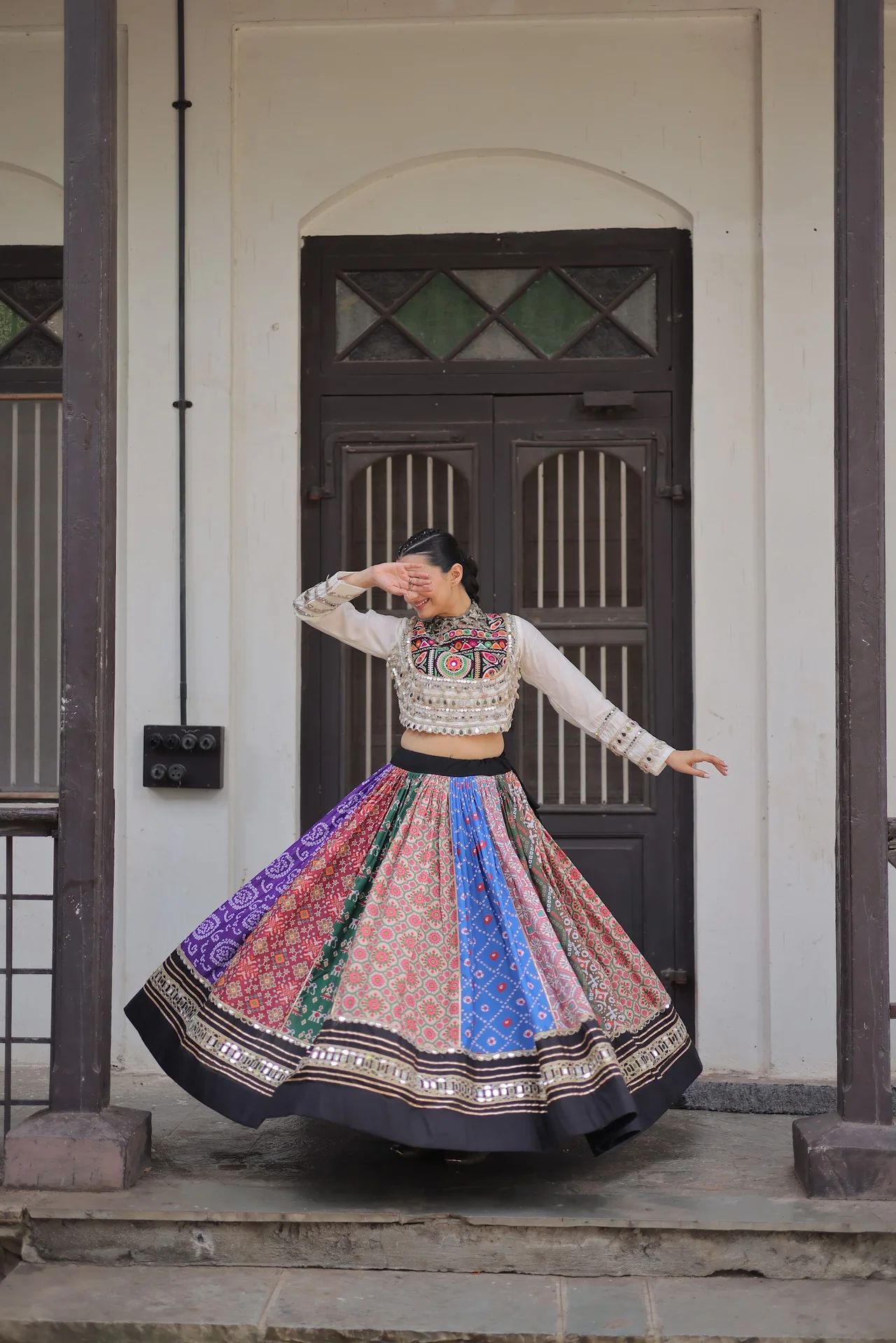 Women's Cotton Printed Lehenga Choli with Stitched Top | Gota Patti and Mirror Work | 4 Mtr Flair | Navratri and Garba Wear