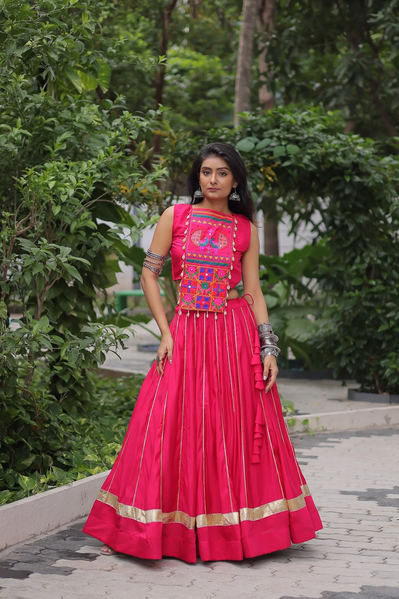 Women's Roman Fabric Lehenga Choli with Stitched Top | Kutchi Gamthi Embroidery & Mirror Work | 6 Mtr Flair | Navratri Garba Wear