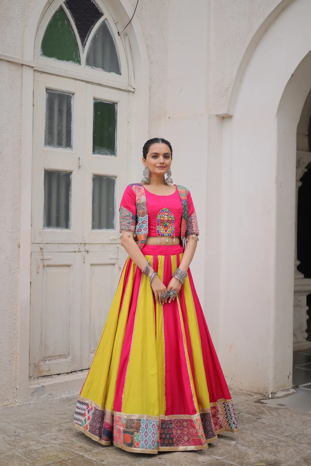 Women's Roman Silk Lehenga Choli with Koti Top in Multicolour