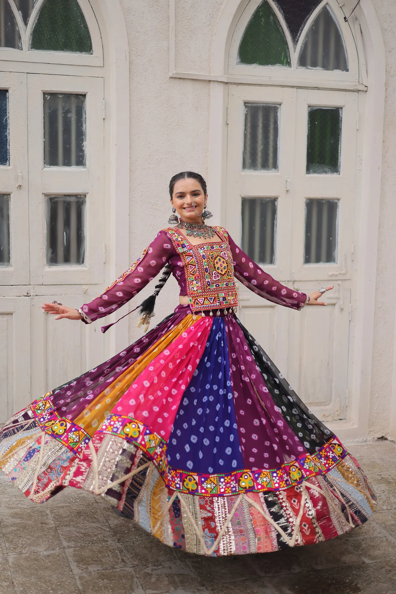 Women's Georgette Navratri Lehenga Choli with Stitched Top in Multicolour