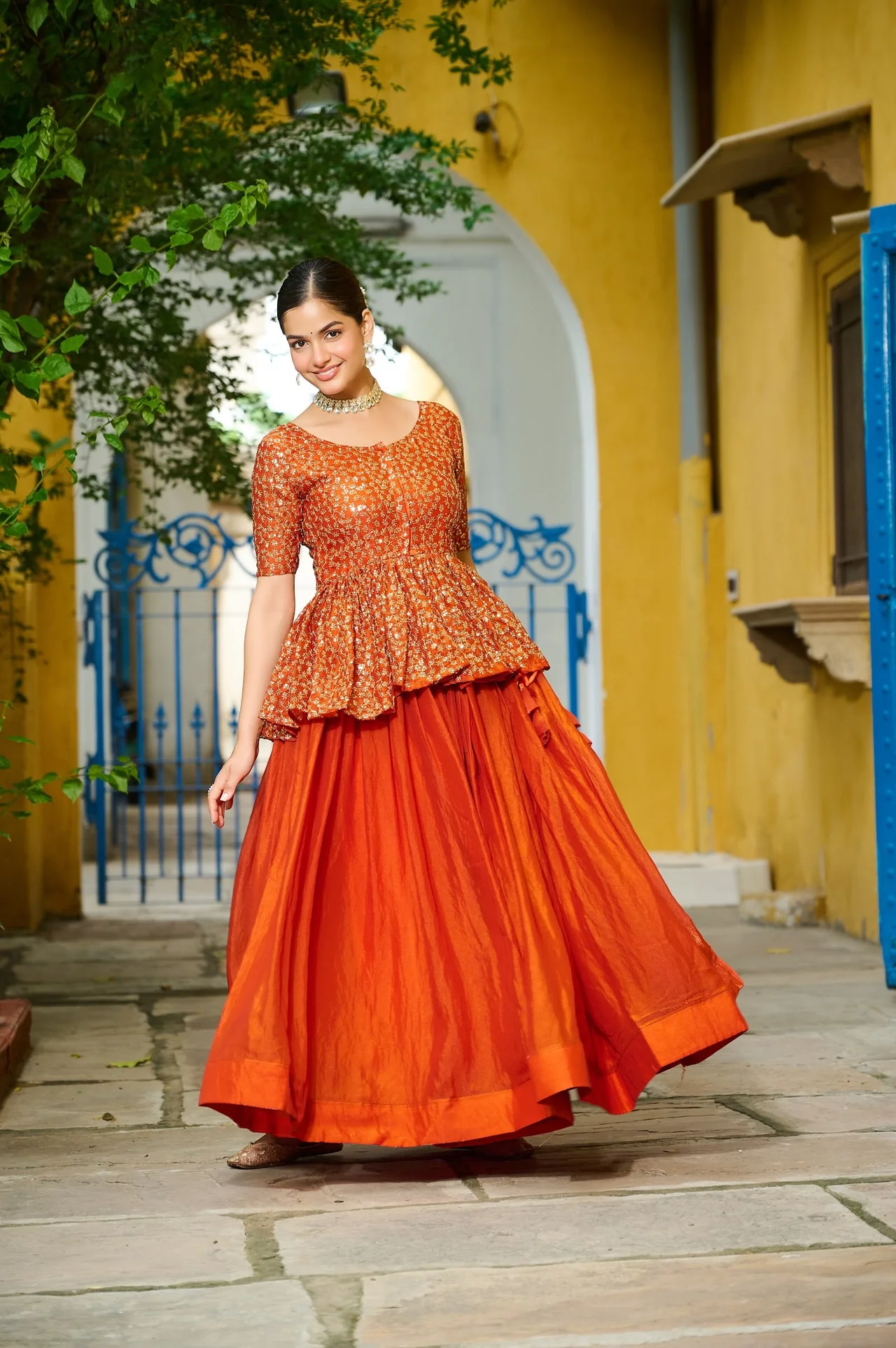 Women's Fendy Fabric Lehenga Choli with Peplum Top in Orange
