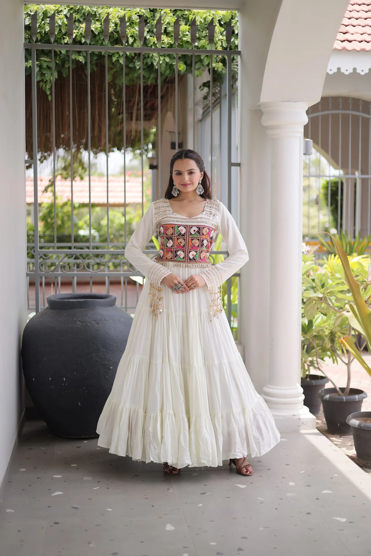 Women's Rayon Anarkali Gown with Kutchi Gamthi Thread Embroidery & Mirror Work in White