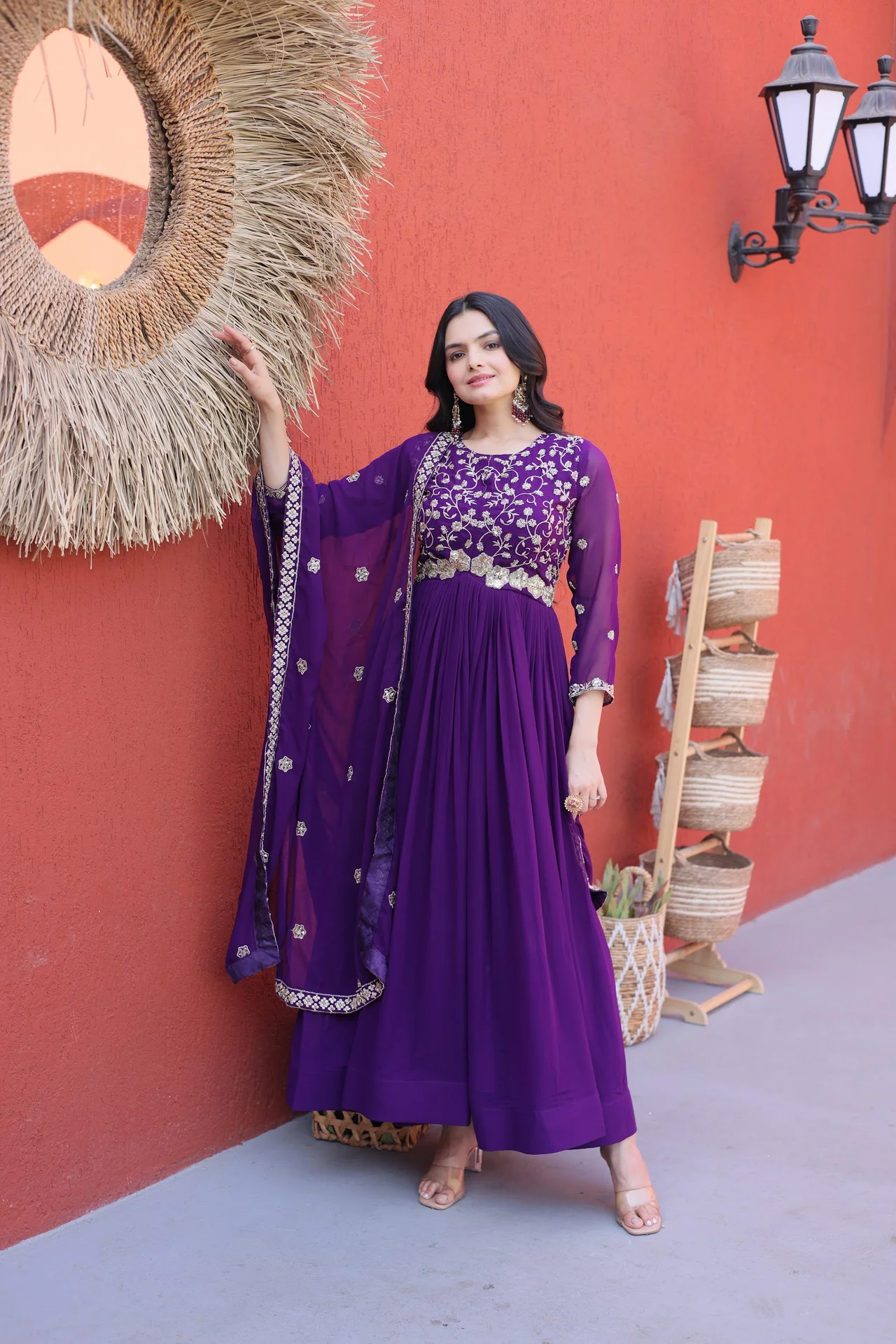 Women's Faux Blooming Embroidered Gown with Dupatta in Purple