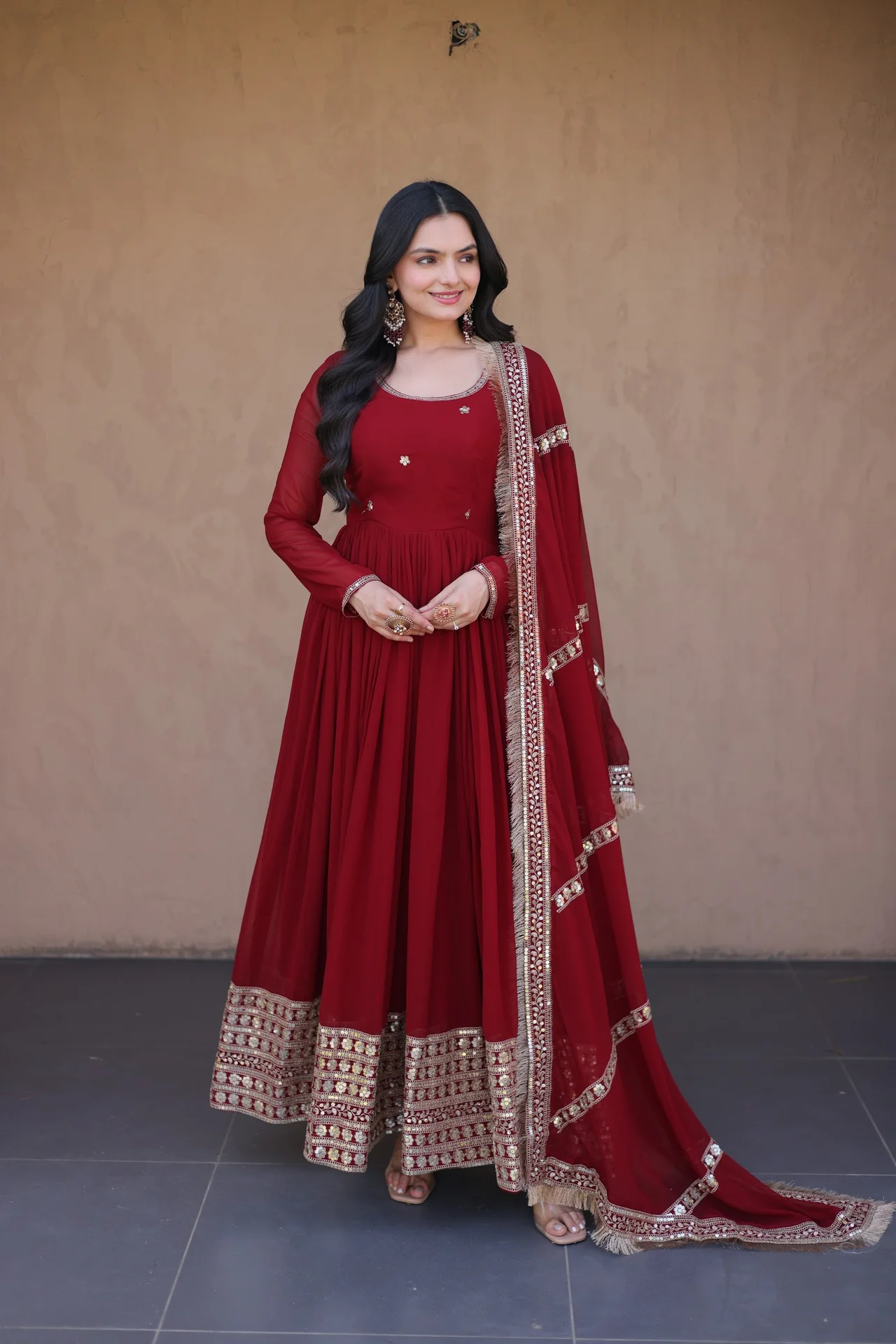 Women's Faux Blooming Anarkali Gown with Dupatta in Maroon