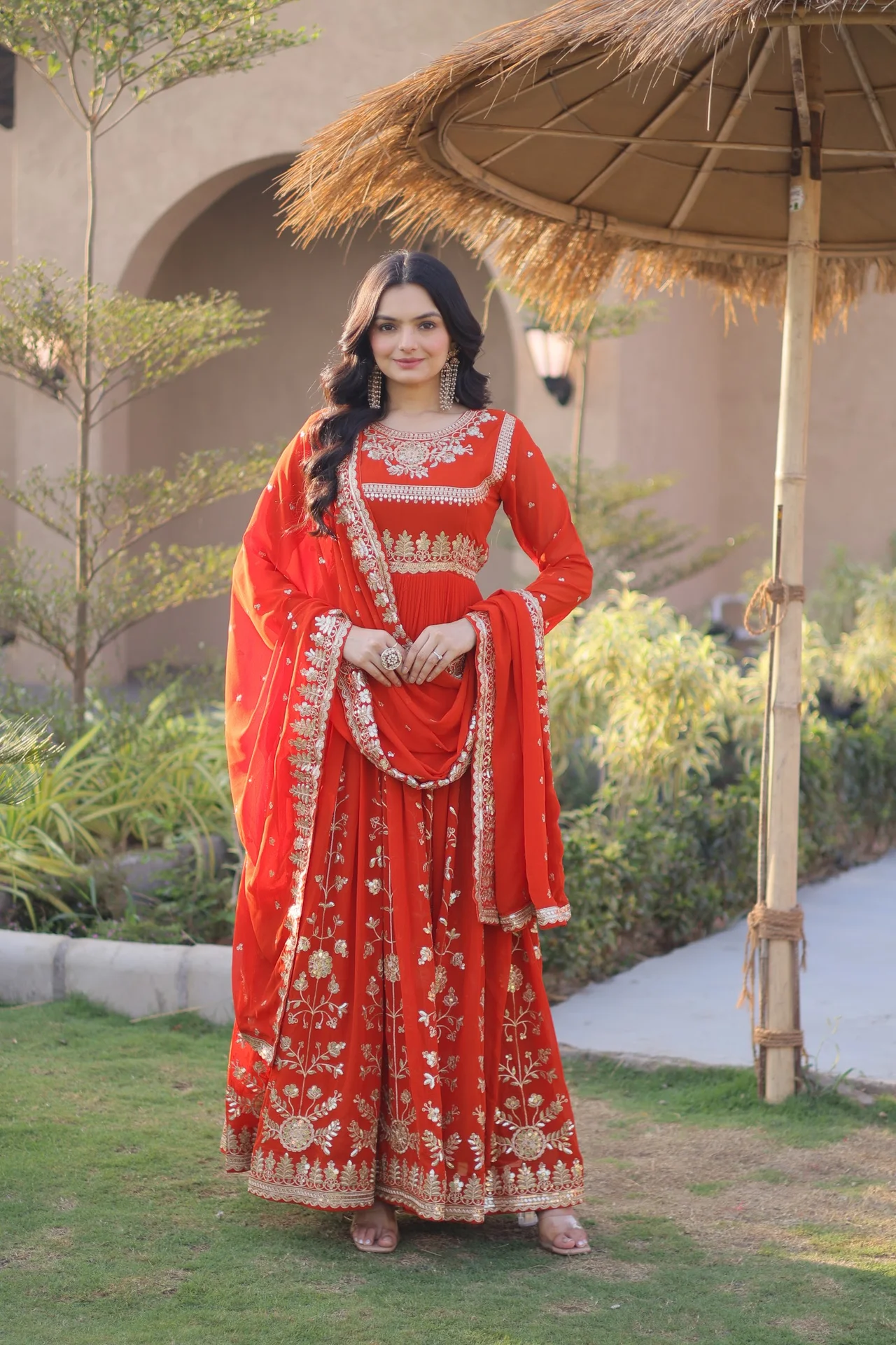 Women's Faux Georgette Embroidered Gown with Dupatta | Zari & Sequins Work | 3.5 Mtr Flair | Festive & Wedding Wear