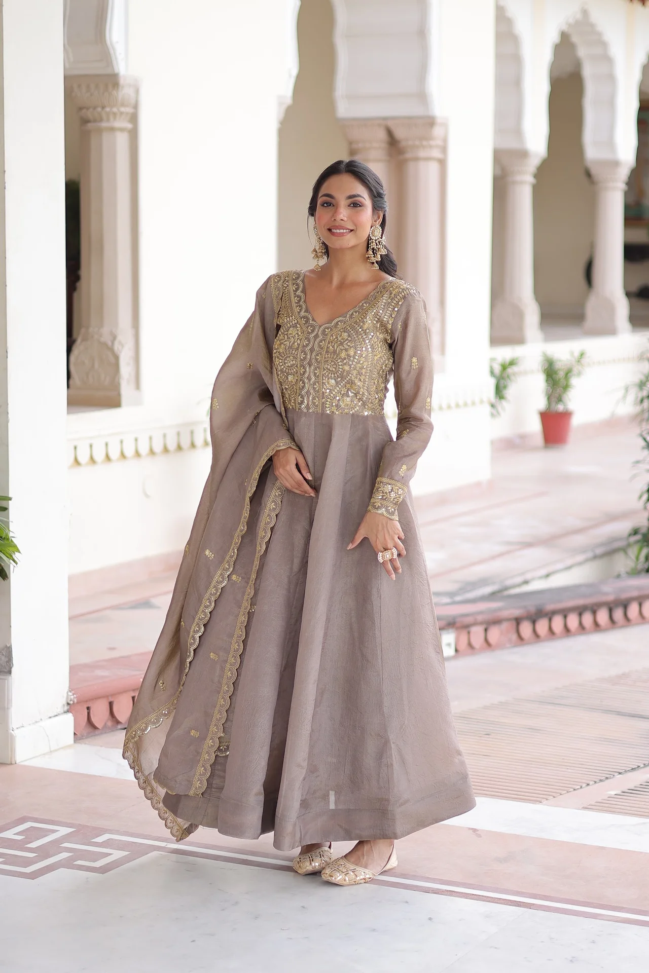 Women's Crush Fabric Anarkali Gown with Dupatta in Grey