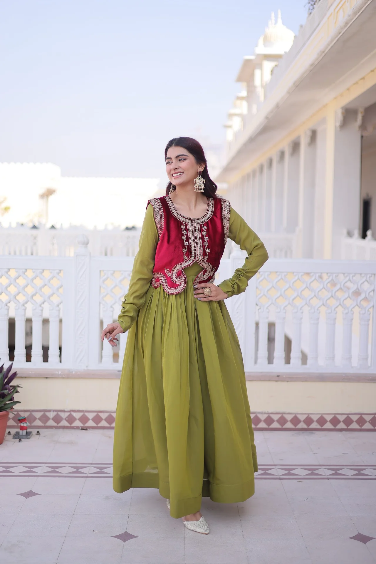 Women's Mal Chanderi Gown with Embroidered Ice Velvet Koti in Pista Green
