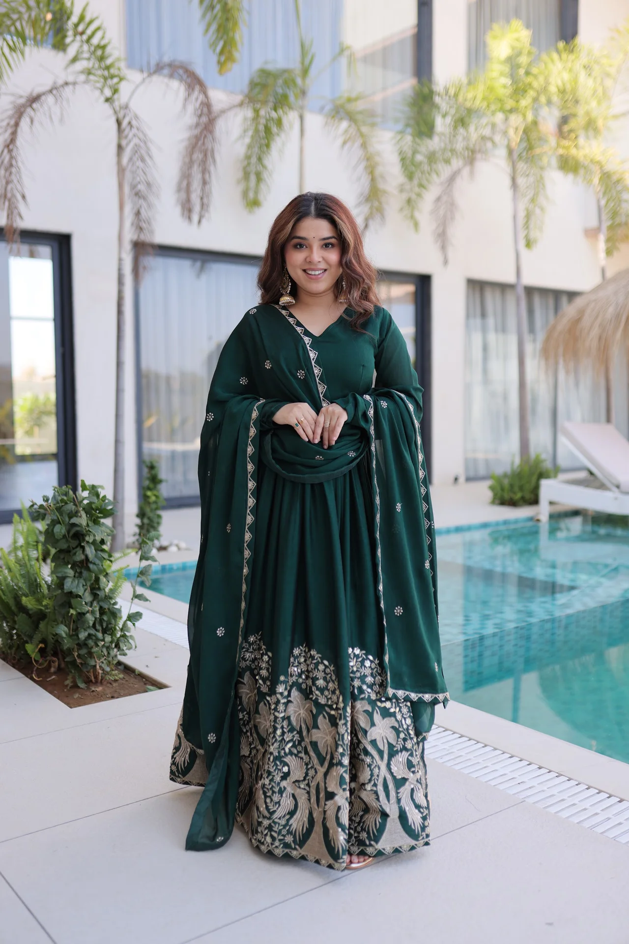 Women's Rangoli Crush Embroidered Gown with Dupatta in Bottle Green