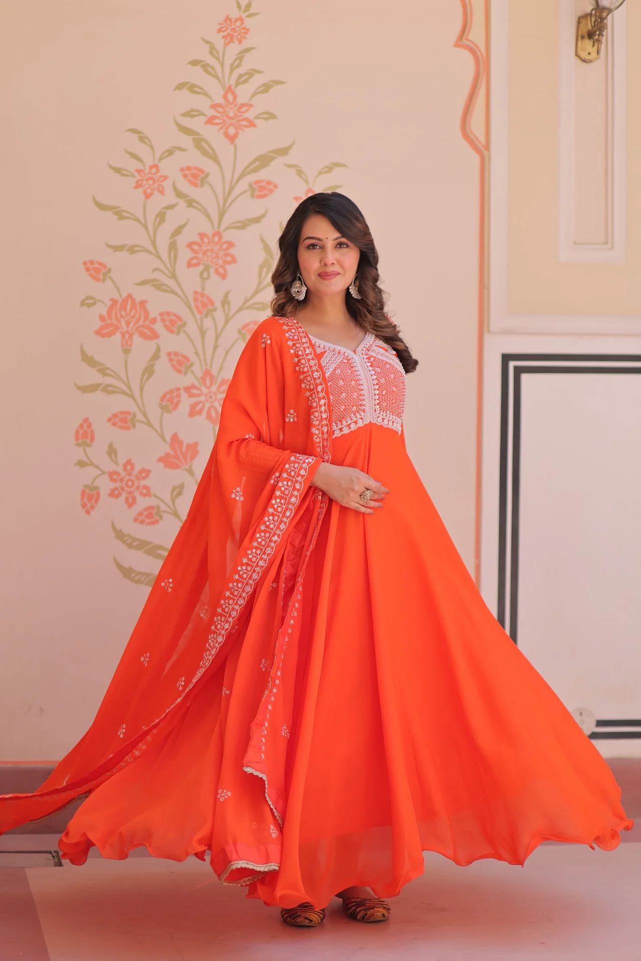 Women's Star Georgette Gown with Dupatta in Coral