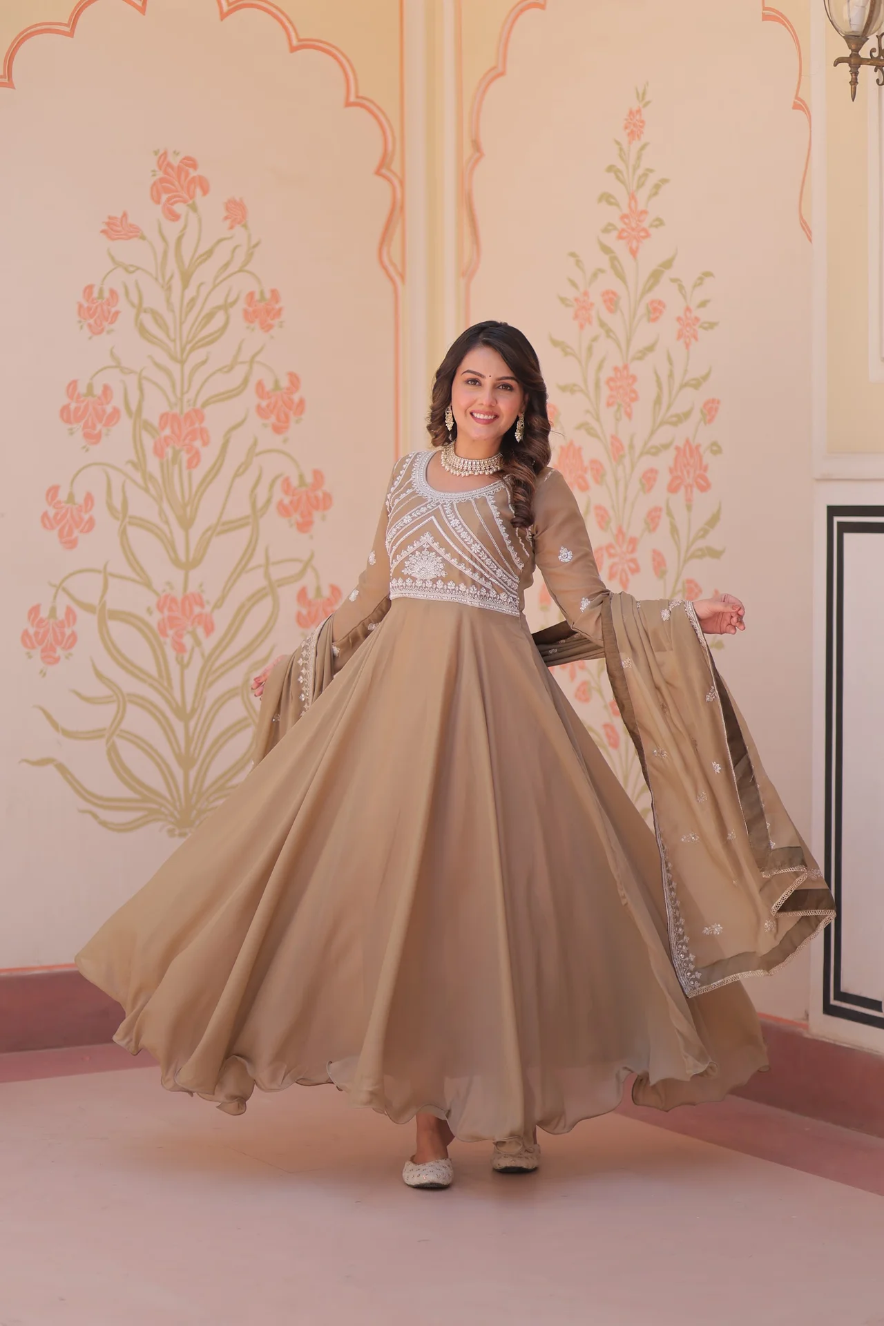 Women's Star Georgette Gown with Dupatta in Beige
