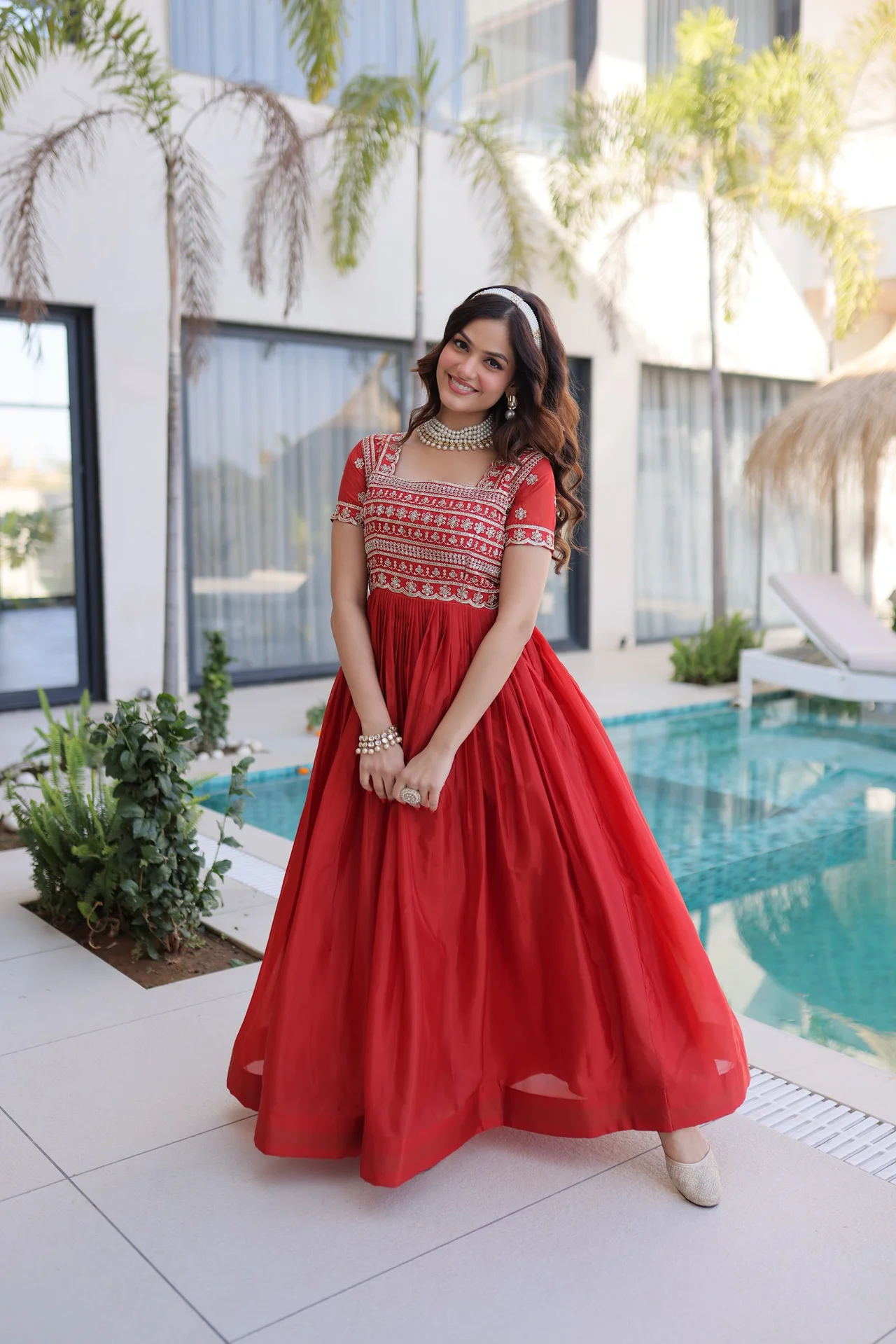 Women's Organza Anarkali Gown with Cotton Lining in Coral