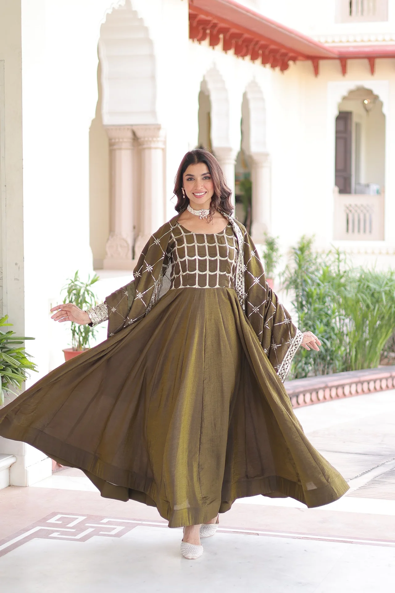 Women's NC Vichitra Gown with Dupatta | Sequins & Zari Embroidered Work | 56 Inch Length | 4.2 Mtr Flair | Festive & Party Wear