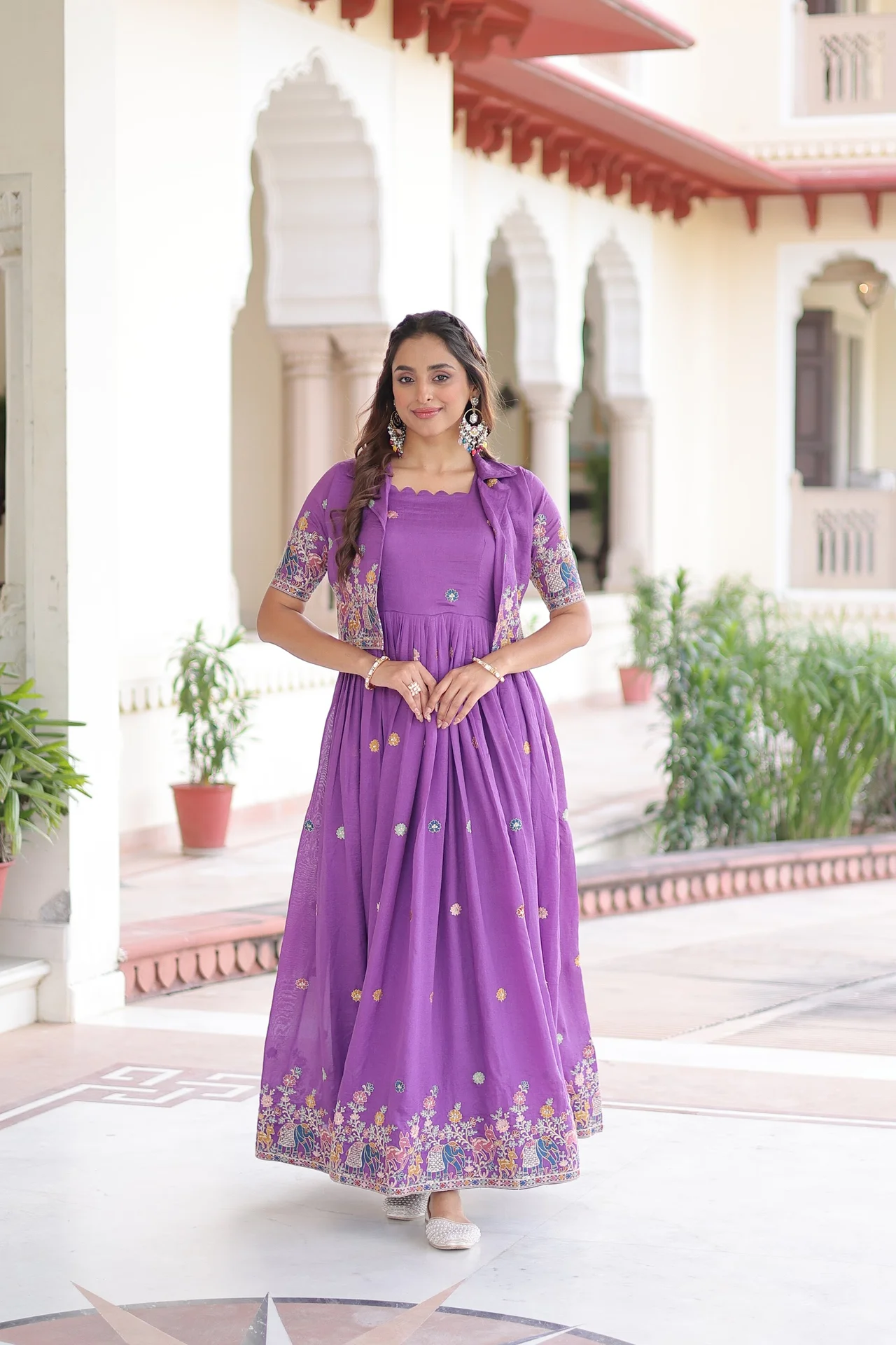 Women's Vichitra Silk Gown with Embroidered Koti Jacket | Sequins Zari Thread Work | 3 Mtr Flair 56 Inch Length | Festive Party Wear
