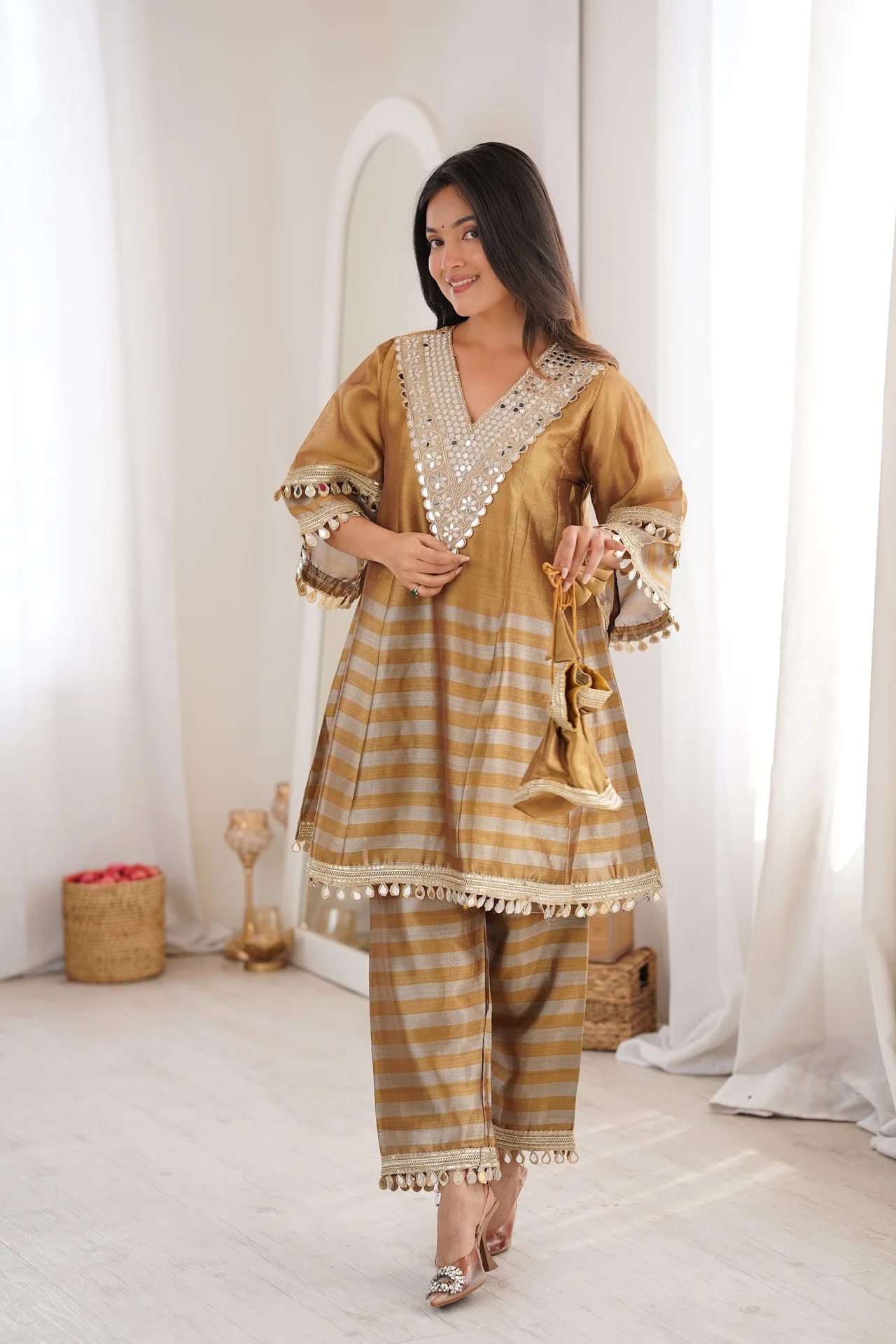 Women's Two-Tone Tissue Kurta Set with Bottom and Batwa | Mirror and Embroidered Lace Work | Bell Sleeves | Festive Wear